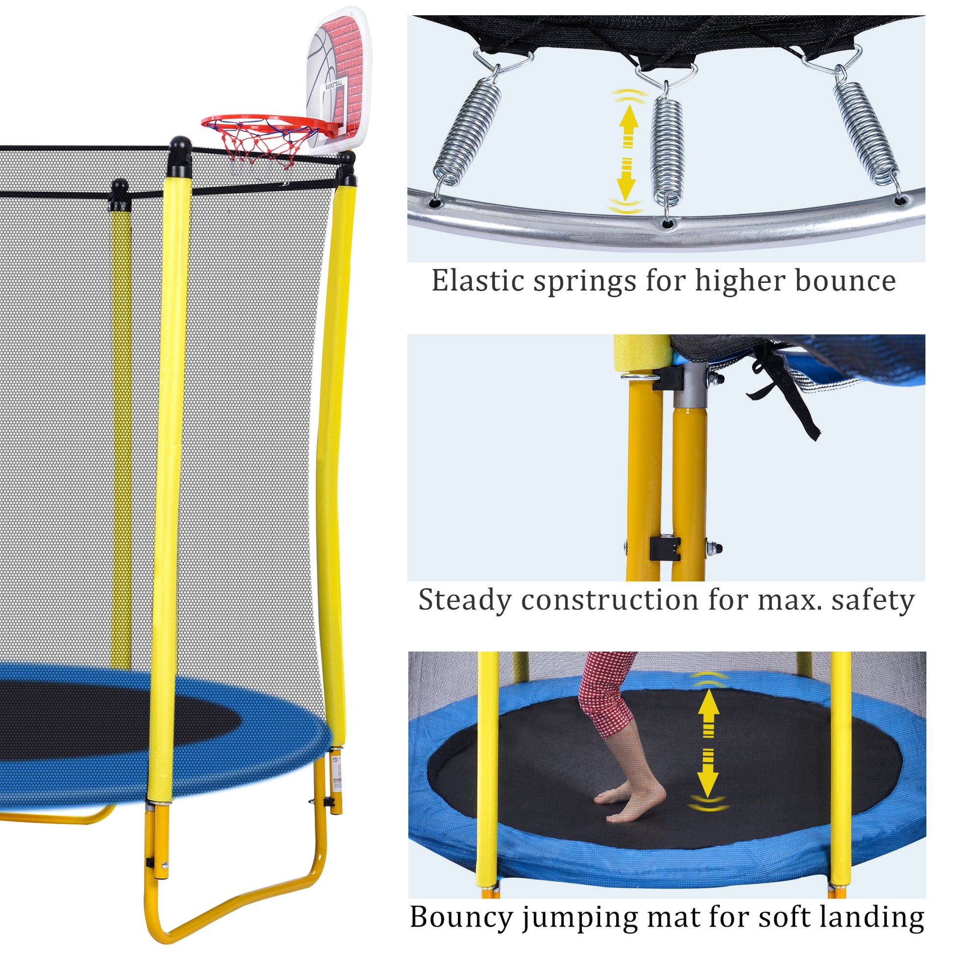 5.5Ft Trampoline For Kids 65" Outdoor & Indoor Mini Toddler Trampoline With Enclosure, Basketball Hoop And Ball Included Yellow Metal