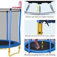 5.5Ft Trampoline For Kids 65" Outdoor & Indoor Mini Toddler Trampoline With Enclosure, Basketball Hoop And Ball Included Blue Metal