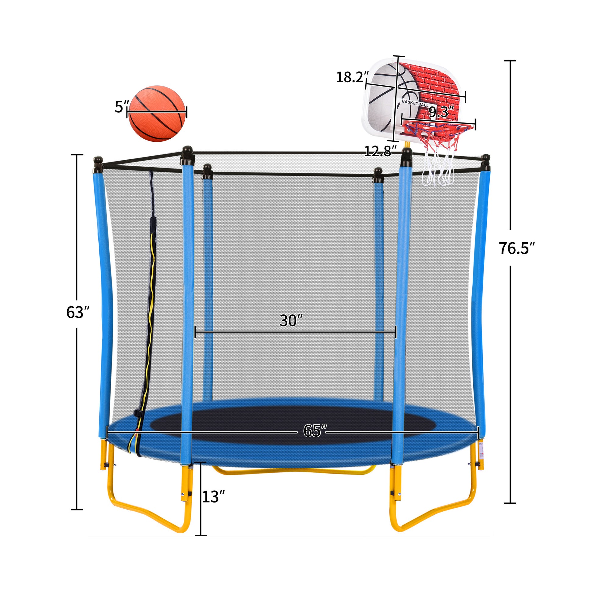 5.5Ft Trampoline For Kids 65" Outdoor & Indoor Mini Toddler Trampoline With Enclosure, Basketball Hoop And Ball Included Blue Metal