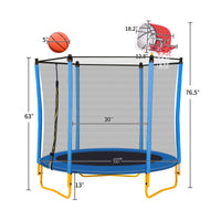 5.5Ft Trampoline For Kids 65" Outdoor & Indoor Mini Toddler Trampoline With Enclosure, Basketball Hoop And Ball Included Blue Metal