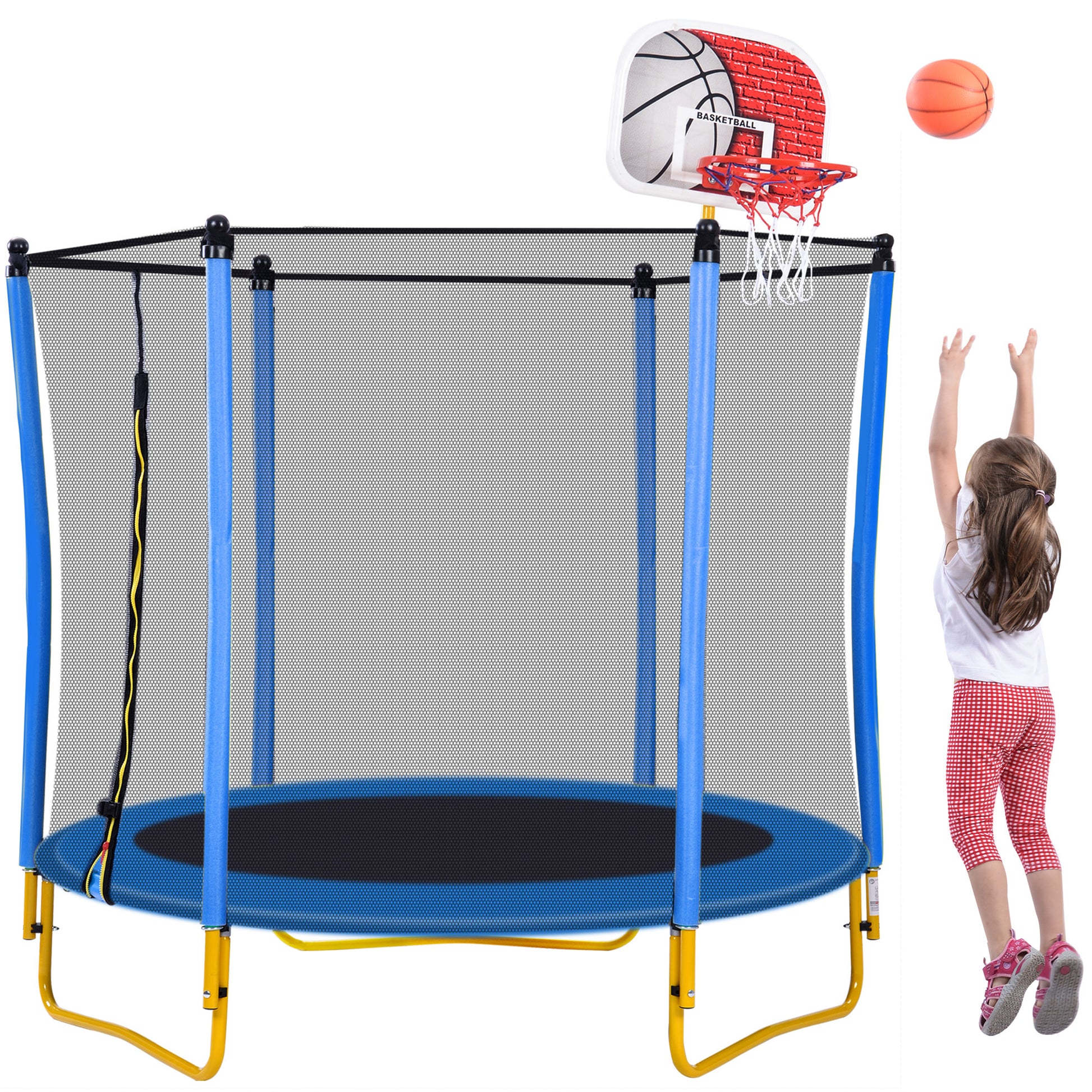 5.5Ft Trampoline For Kids 65" Outdoor & Indoor Mini Toddler Trampoline With Enclosure, Basketball Hoop And Ball Included Blue Metal