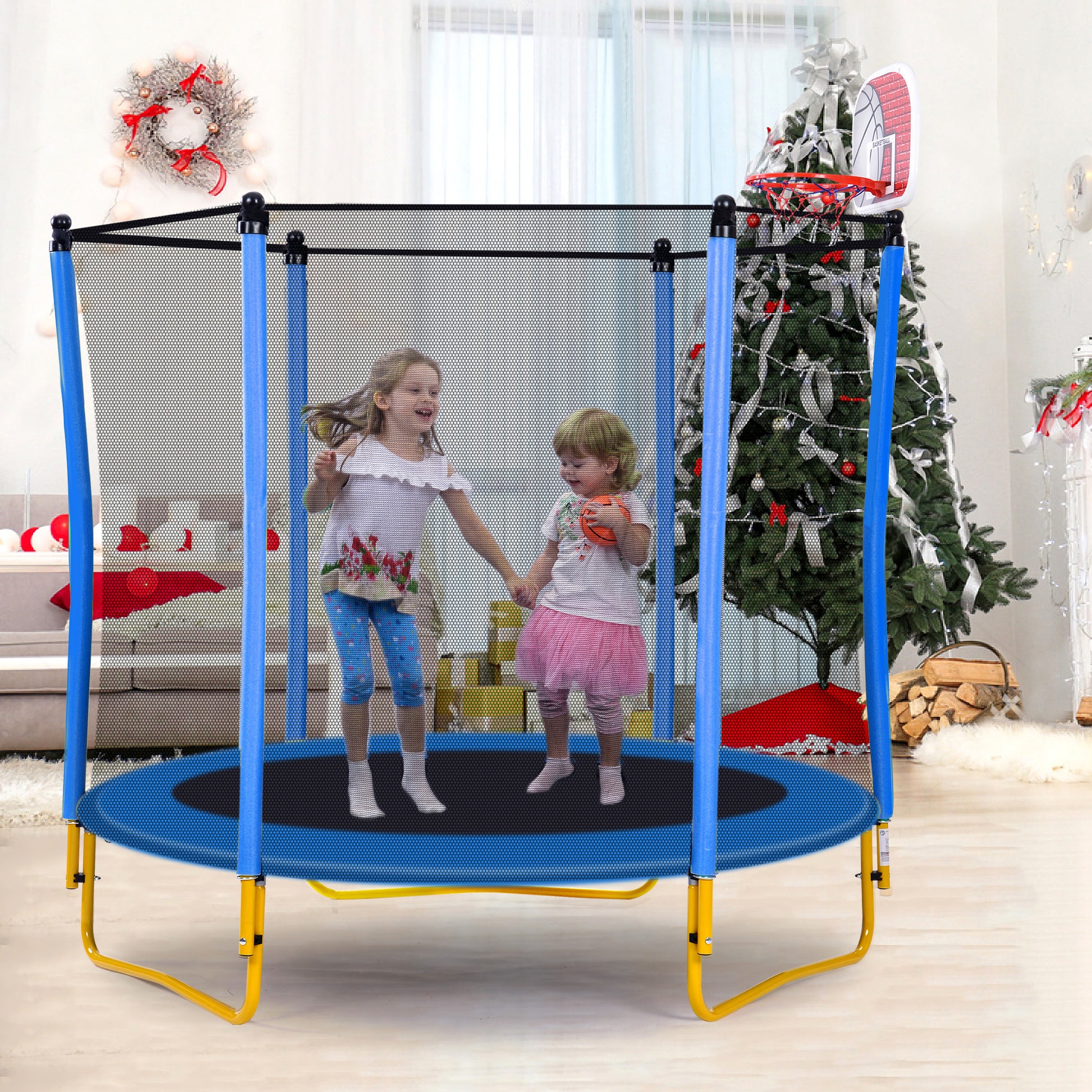 5.5Ft Trampoline For Kids 65" Outdoor & Indoor Mini Toddler Trampoline With Enclosure, Basketball Hoop And Ball Included Blue Metal