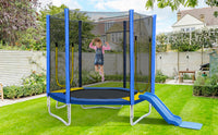 7Ft Trampoline For Kids With Safety Enclosure Net, Slide And Ladder, Easy Assembly Round Outdoor Recreational Trampoline Blue Metal