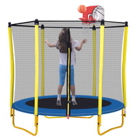 5.5Ft Trampoline For Kids 65" Outdoor & Indoor Mini Toddler Trampoline With Enclosure, Basketball Hoop And Ball Included Yellow Metal