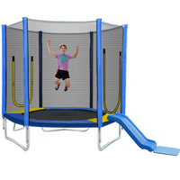 7Ft Trampoline For Kids With Safety Enclosure Net, Slide And Ladder, Easy Assembly Round Outdoor Recreational Trampoline Blue Metal