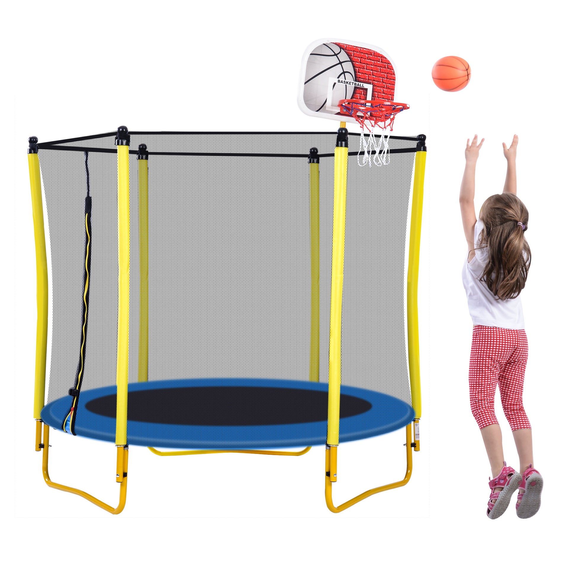 5.5Ft Trampoline For Kids 65" Outdoor & Indoor Mini Toddler Trampoline With Enclosure, Basketball Hoop And Ball Included Yellow Metal