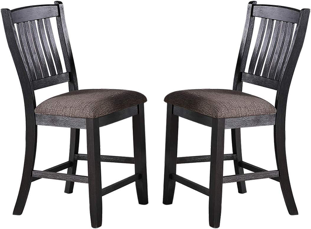 Transitional Dining Room 7Pc Set Dark Coffee Rubberwood Counter Height Dining Table W 2X Shelfs And 6X High Chairs Fabric Upholstered Seats Unique Back Counter Height Chairs Gray Wood Dining Room Solid Wood Rubberwood Rectangular Dining Table With Chair
