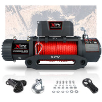 Xpv Electric Winch 10000 Lbs 12V Synthetic Rope Load Capacity Red Rope Jeep Towing Truck Off Road Black Aluminium