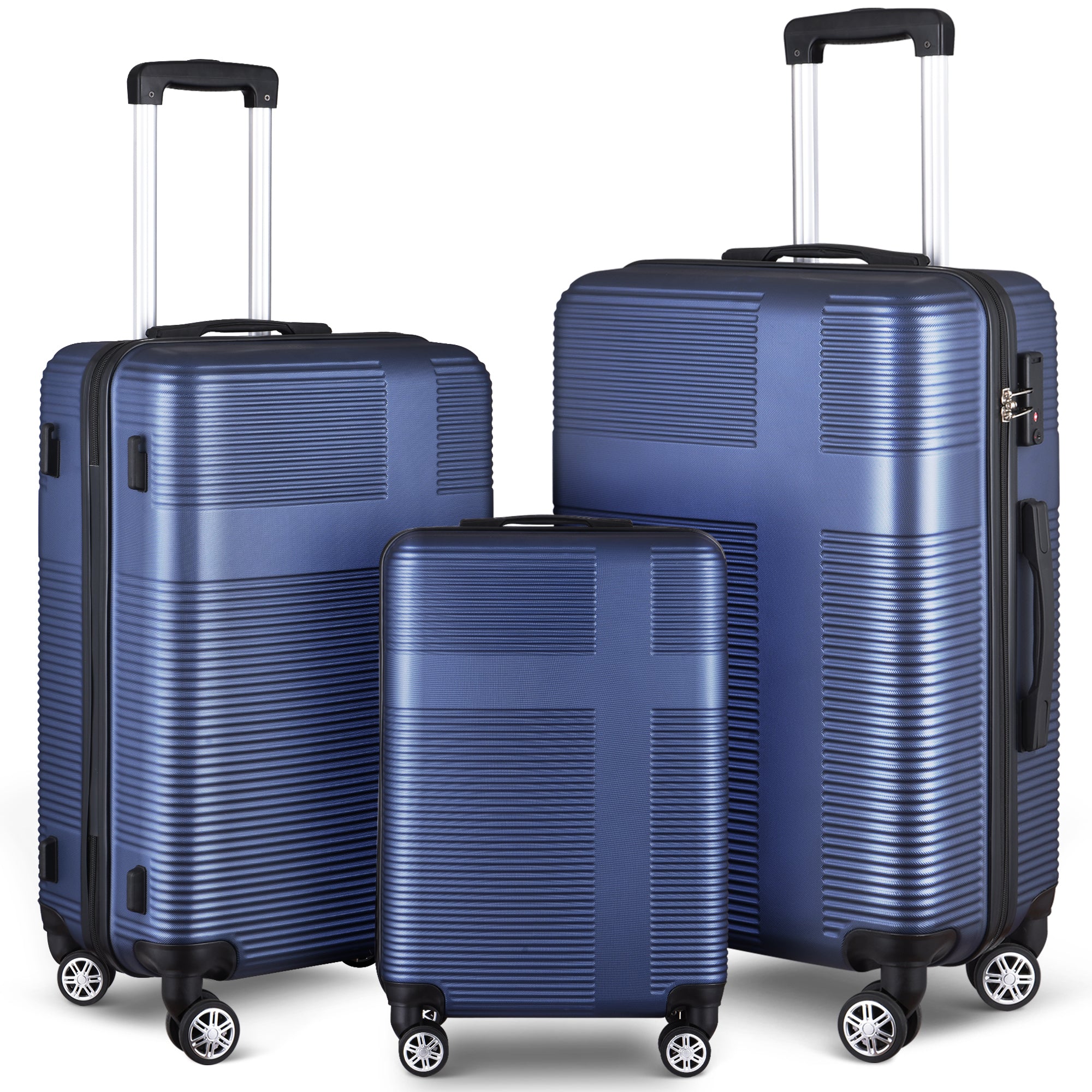 3 Piece Luggage With Tsa Lock Abs, Durable Luggage Set, Lightweight Suitcase With Hooks, Spinner Wheels Cross Stripe Luggage Sets 20In 24In 28In Dark Blue Abs