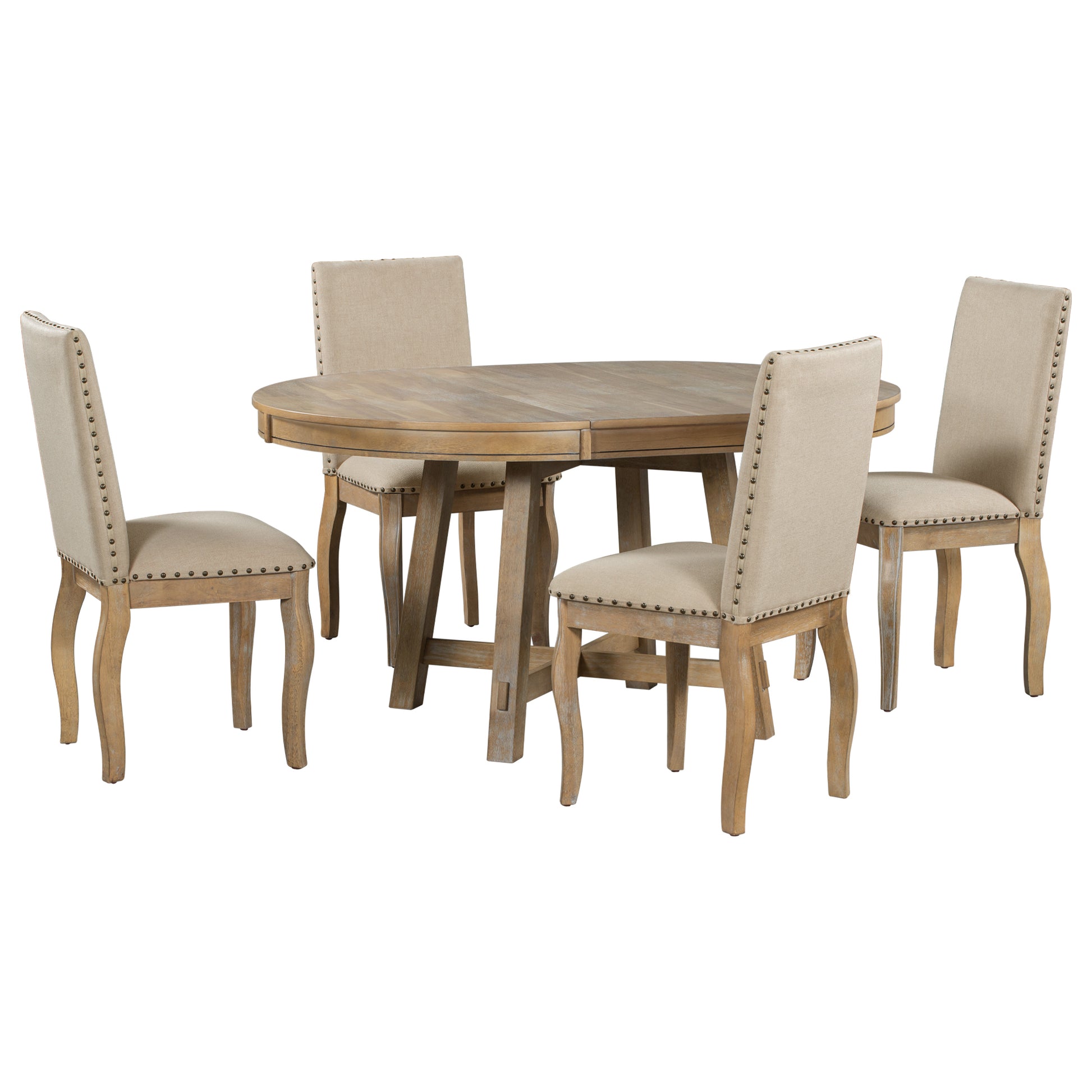 5 Piece Farmhouse Dining Table Set Wood Round Extendable Dining Table And 4 Upholstered Dining Chairs Natural Wood Wash Natural Wood Wash Solid Wood