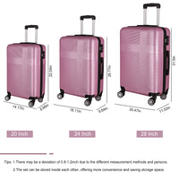 3 Piece Luggage With Tsa Lock Abs, Durable Luggage Set, Lightweight Suitcase With Hooks, Spinner Wheels Cross Stripe Luggage Sets 20In 24In 28In Pink Abs