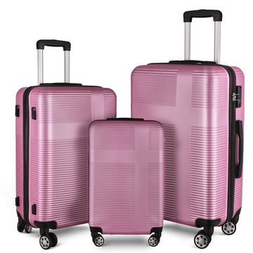 3 Piece Luggage With Tsa Lock Abs, Durable Luggage Set, Lightweight Suitcase With Hooks, Spinner Wheels Cross Stripe Luggage Sets 20In 24In 28In Pink Abs