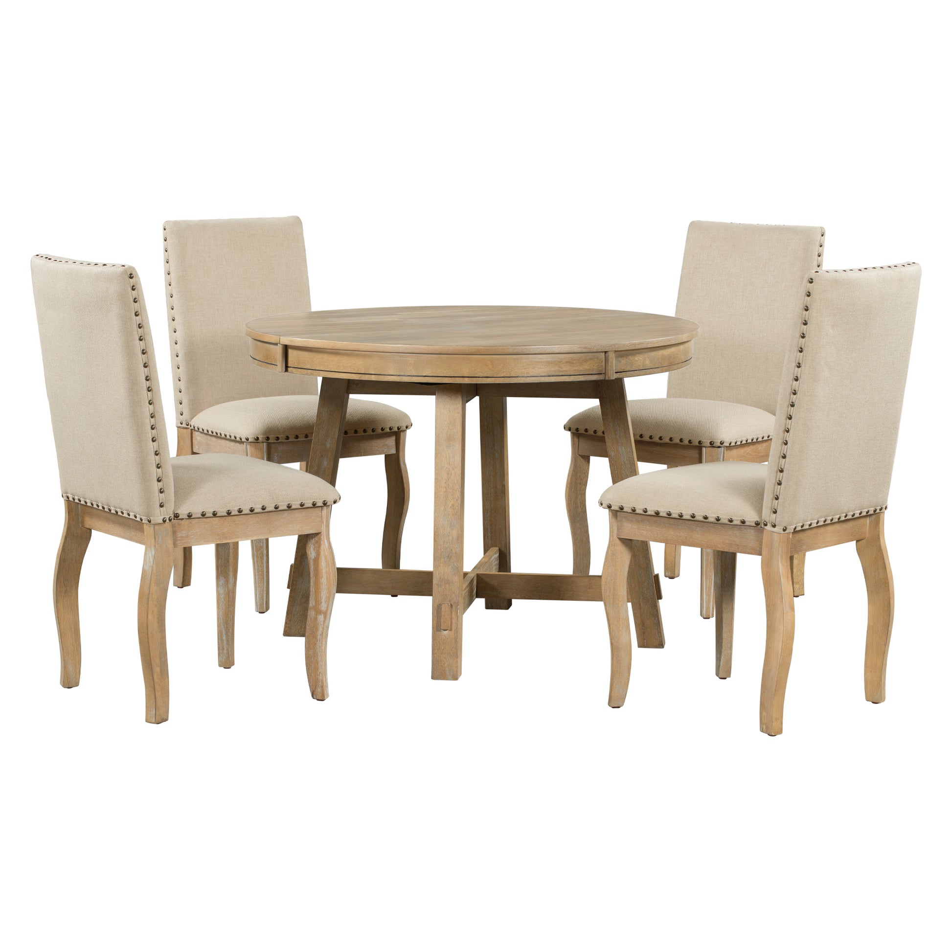 5 Piece Farmhouse Dining Table Set Wood Round Extendable Dining Table And 4 Upholstered Dining Chairs Natural Wood Wash Natural Wood Wash Solid Wood