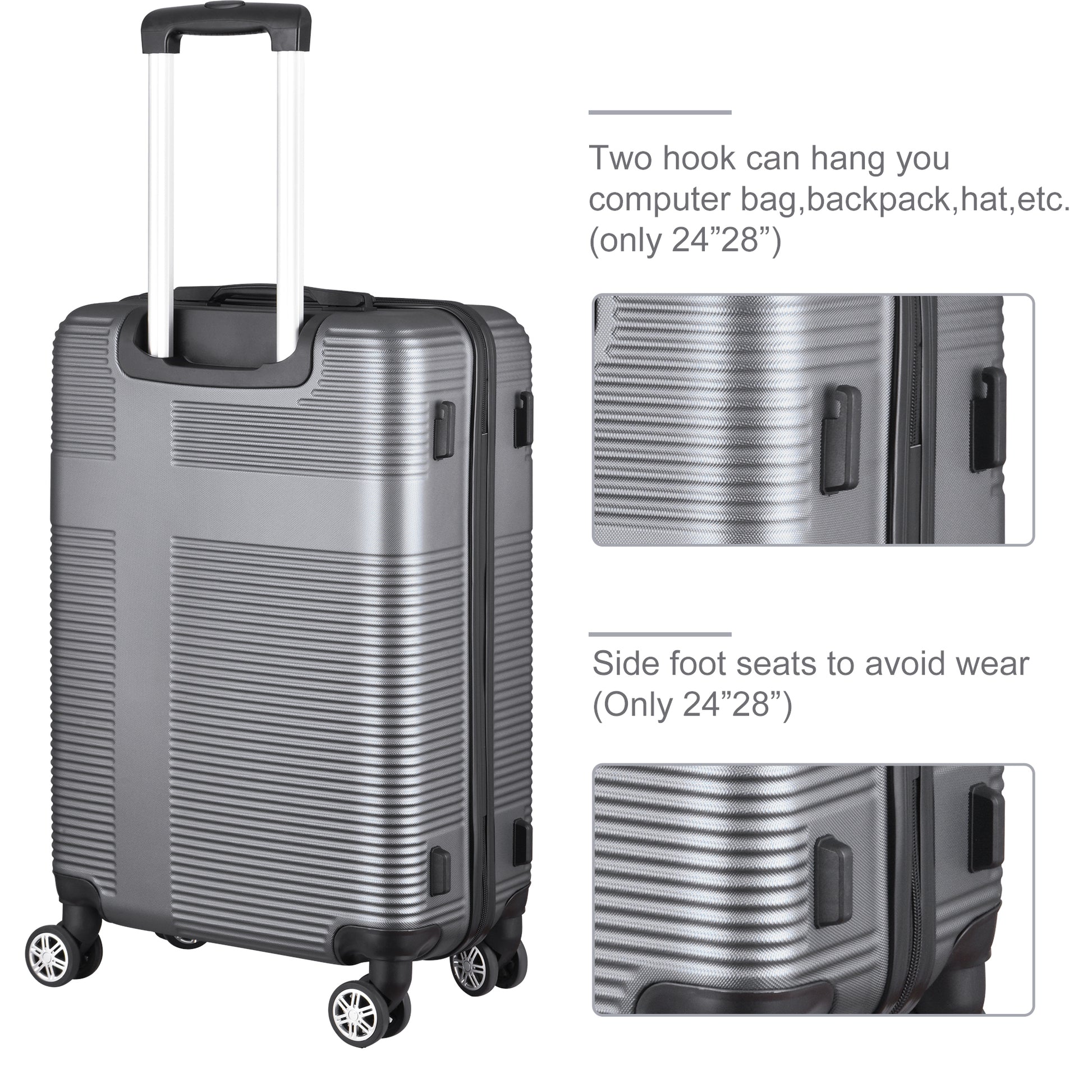 3 Piece Luggage With Tsa Lock Abs, Durable Luggage Set, Lightweight Suitcase With Hooks, Spinner Wheels Cross Stripe Luggage Sets 20In 24In 28In Silver Grey Abs