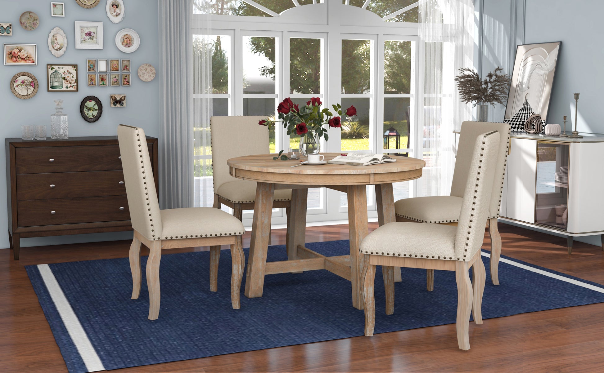 5 Piece Farmhouse Dining Table Set Wood Round Extendable Dining Table And 4 Upholstered Dining Chairs Natural Wood Wash Natural Wood Wash Solid Wood