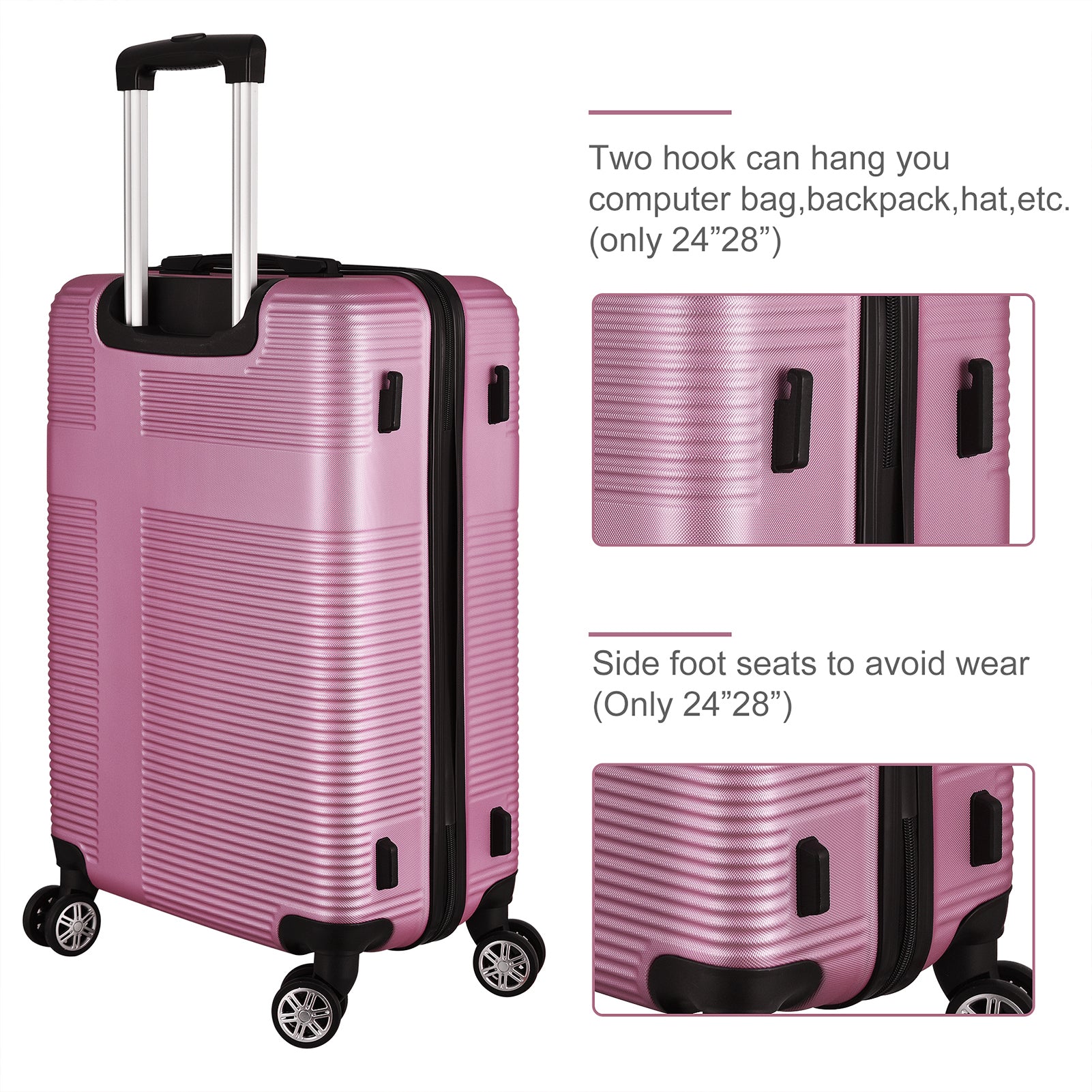 3 Piece Luggage With Tsa Lock Abs, Durable Luggage Set, Lightweight Suitcase With Hooks, Spinner Wheels Cross Stripe Luggage Sets 20In 24In 28In Pink Abs