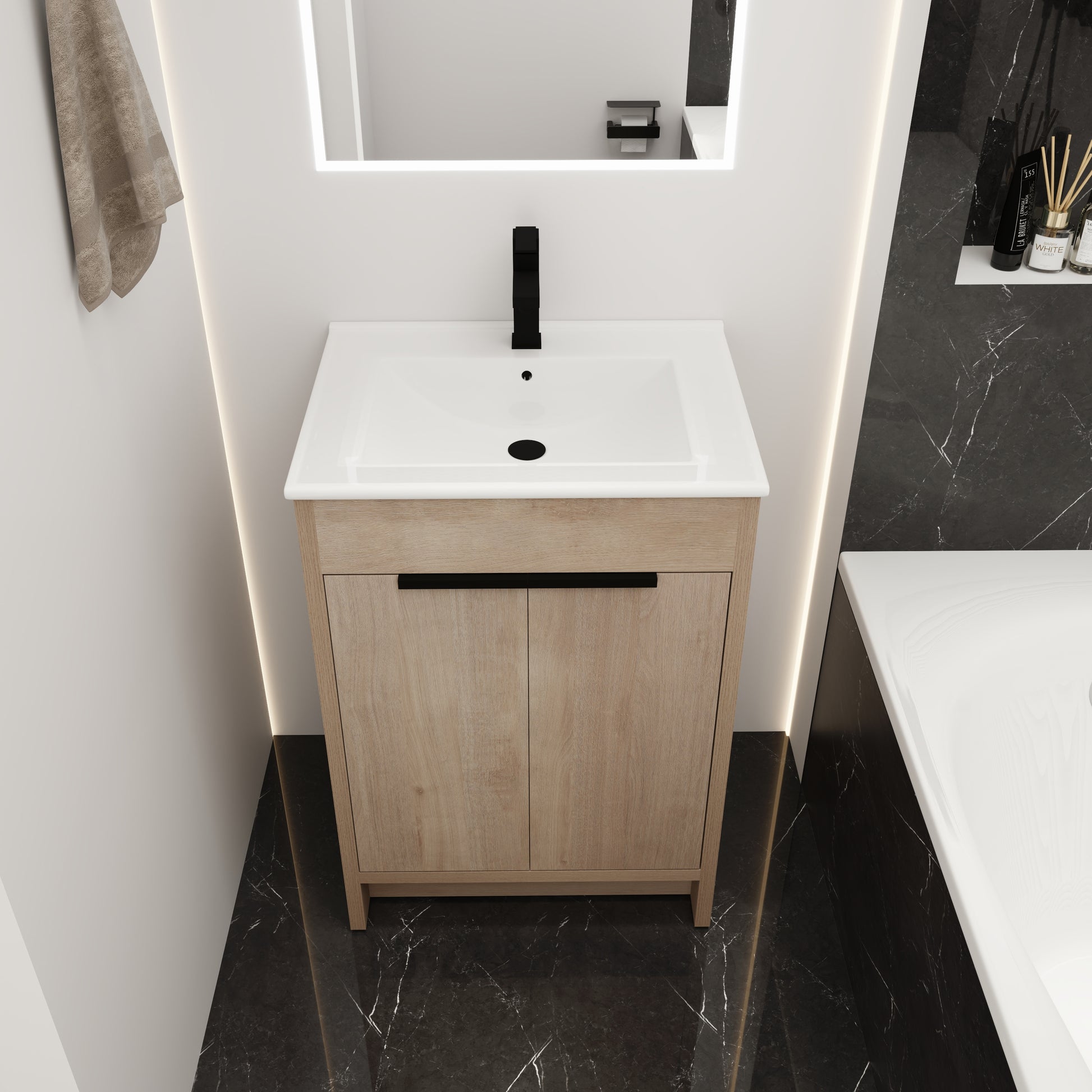 Freestanding Bathroom Vanity With White Ceramic Sink & 2 Soft Close Cabinet Doors Kd Packing ,Bvb02424Plo G Bl9060B ,W1286S00015 Plain Light Oak 2 Bathroom Freestanding Modern Plywood