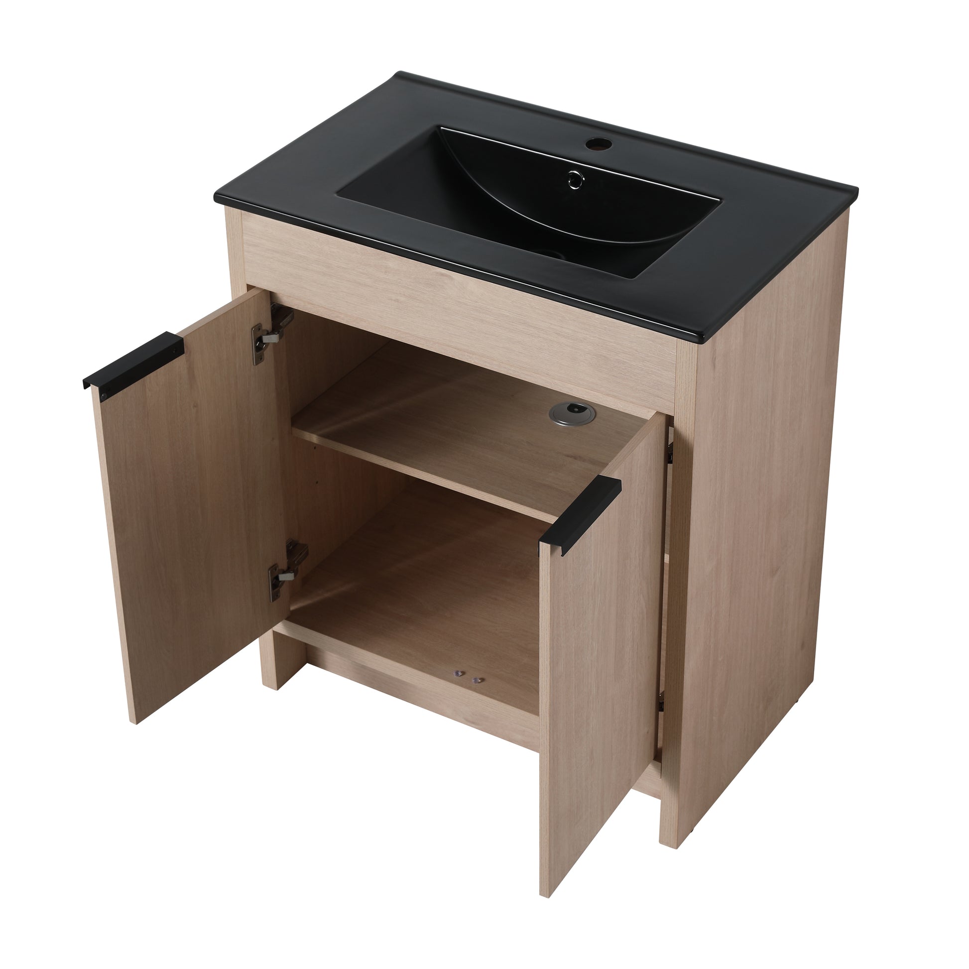 30 Inch Freestanding Bathroom Vanity With Black Ceramic Sink & 2 Soft Close Cabinet Doors Bvb02430Plo Bl9075Bk ,W1286S00019 Plain Light Oak 2 Bathroom Freestanding Modern Plywood