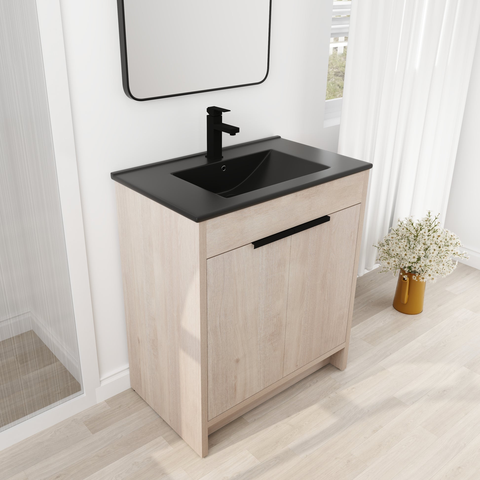 30 Inch Freestanding Bathroom Vanity With Black Ceramic Sink & 2 Soft Close Cabinet Doors Bvb02430Plo Bl9075Bk ,W1286S00019 Plain Light Oak 2 Bathroom Freestanding Modern Plywood