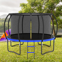 12Ft Outdoor Big Trampoline With Inner Safety Enclosure Net, Ladder, Pvc Spring Cover Padding, For Kids, Black&Blue Color Black Blue Metal