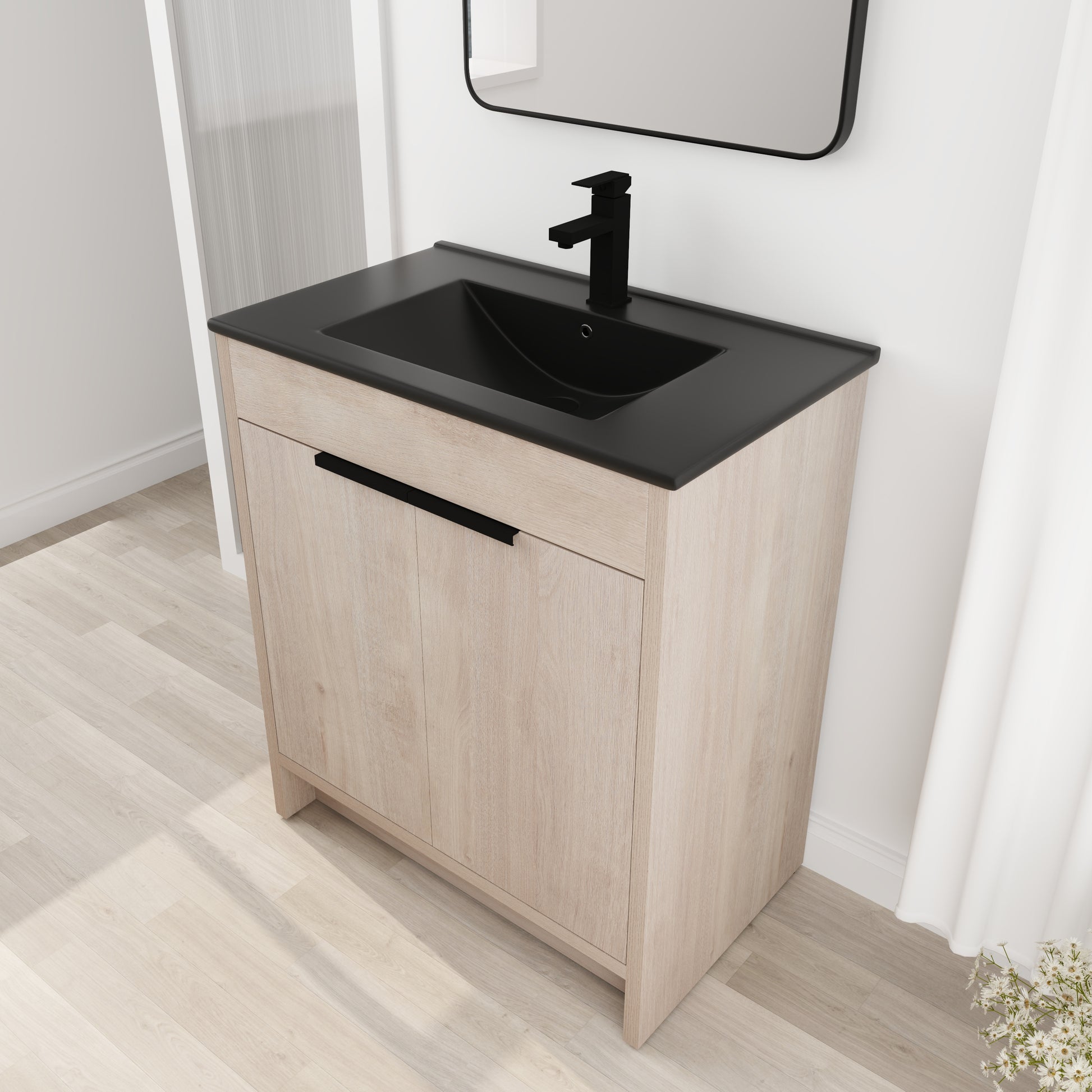 30 Inch Freestanding Bathroom Vanity With Black Ceramic Sink & 2 Soft Close Cabinet Doors Bvb02430Plo Bl9075Bk ,W1286S00019 Plain Light Oak 2 Bathroom Freestanding Modern Plywood