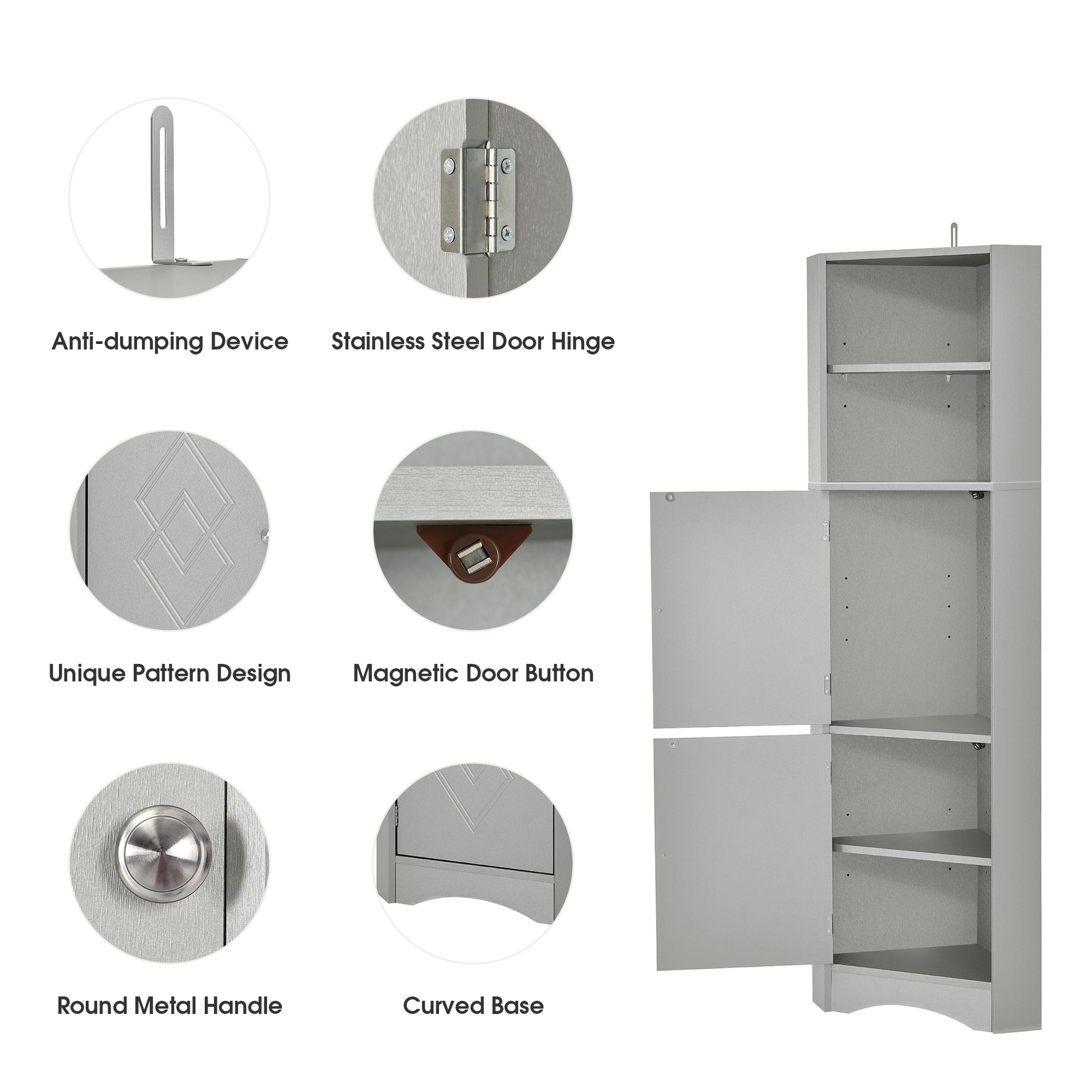 Tall Bathroom Corner Cabinet, Freestanding Storage Cabinet With Doors And Adjustable Shelves, Mdf Board, Gray Gray Mdf