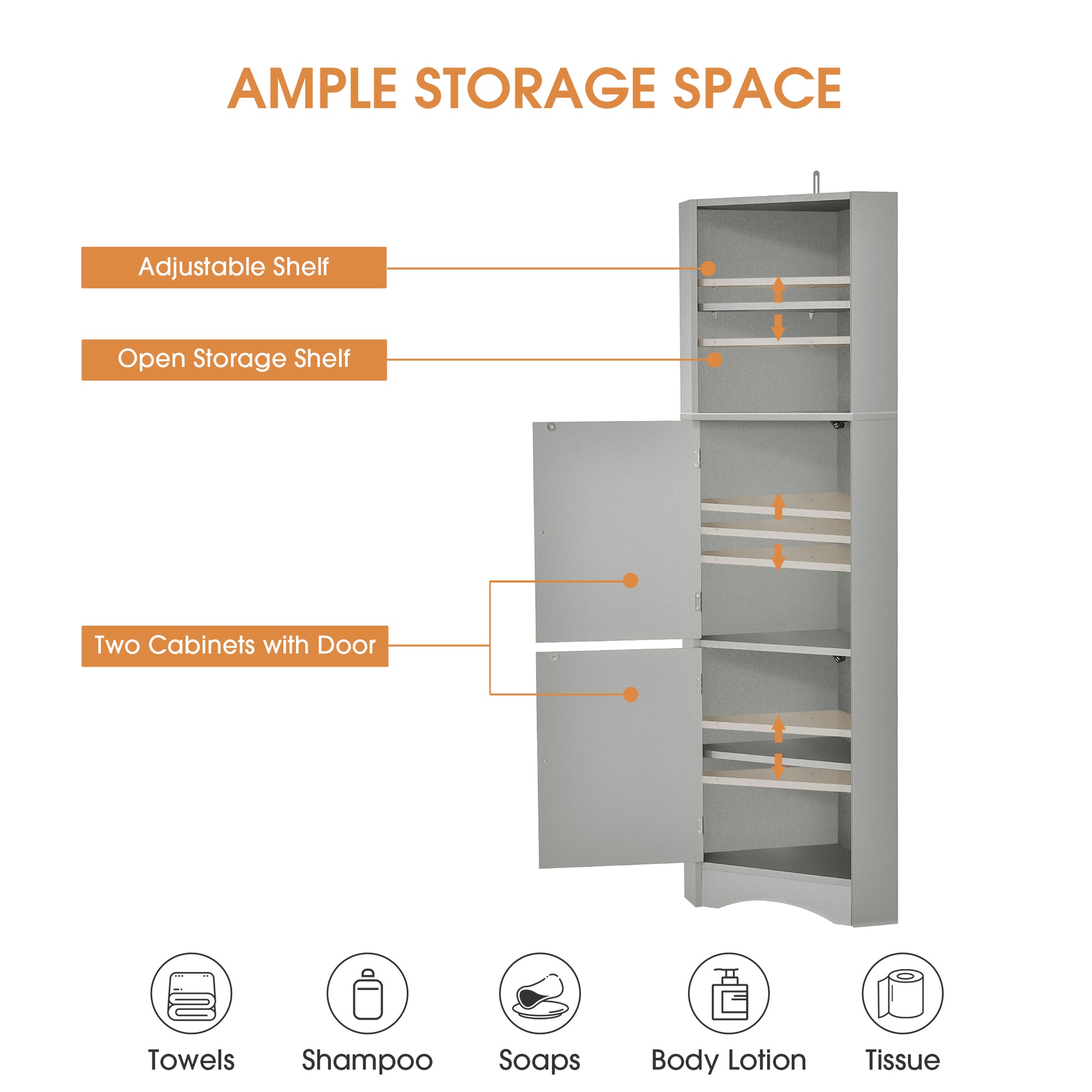 Tall Bathroom Corner Cabinet, Freestanding Storage Cabinet With Doors And Adjustable Shelves, Mdf Board, Gray Gray Mdf