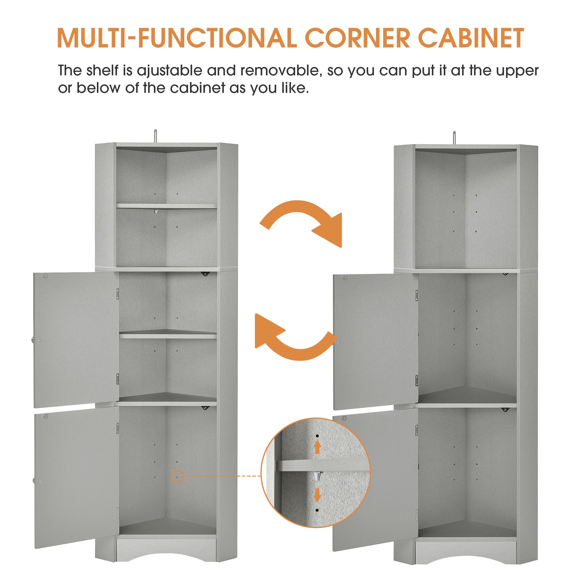 Tall Bathroom Corner Cabinet, Freestanding Storage Cabinet With Doors And Adjustable Shelves, Mdf Board, Gray Gray Mdf