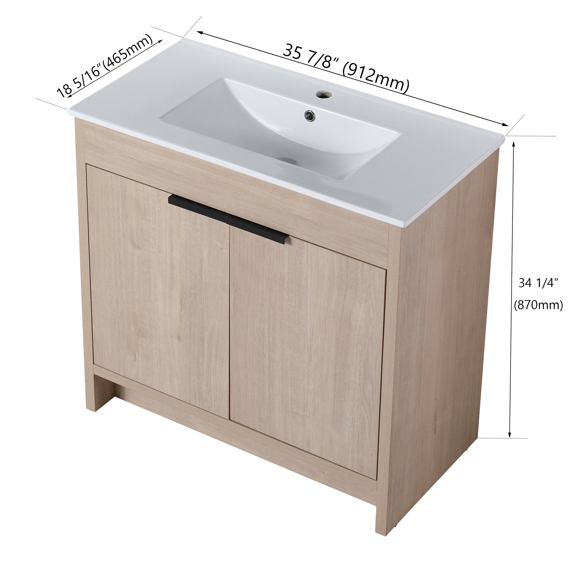 36 Inch Freestanding Bathroom Vanity With White Ceramic Sink & 2 Soft Close Cabinet Doors Bvb02436Plo F Bl9090B ,W1286S00063 Plain Light Oak 2 Bathroom Freestanding Modern Plywood