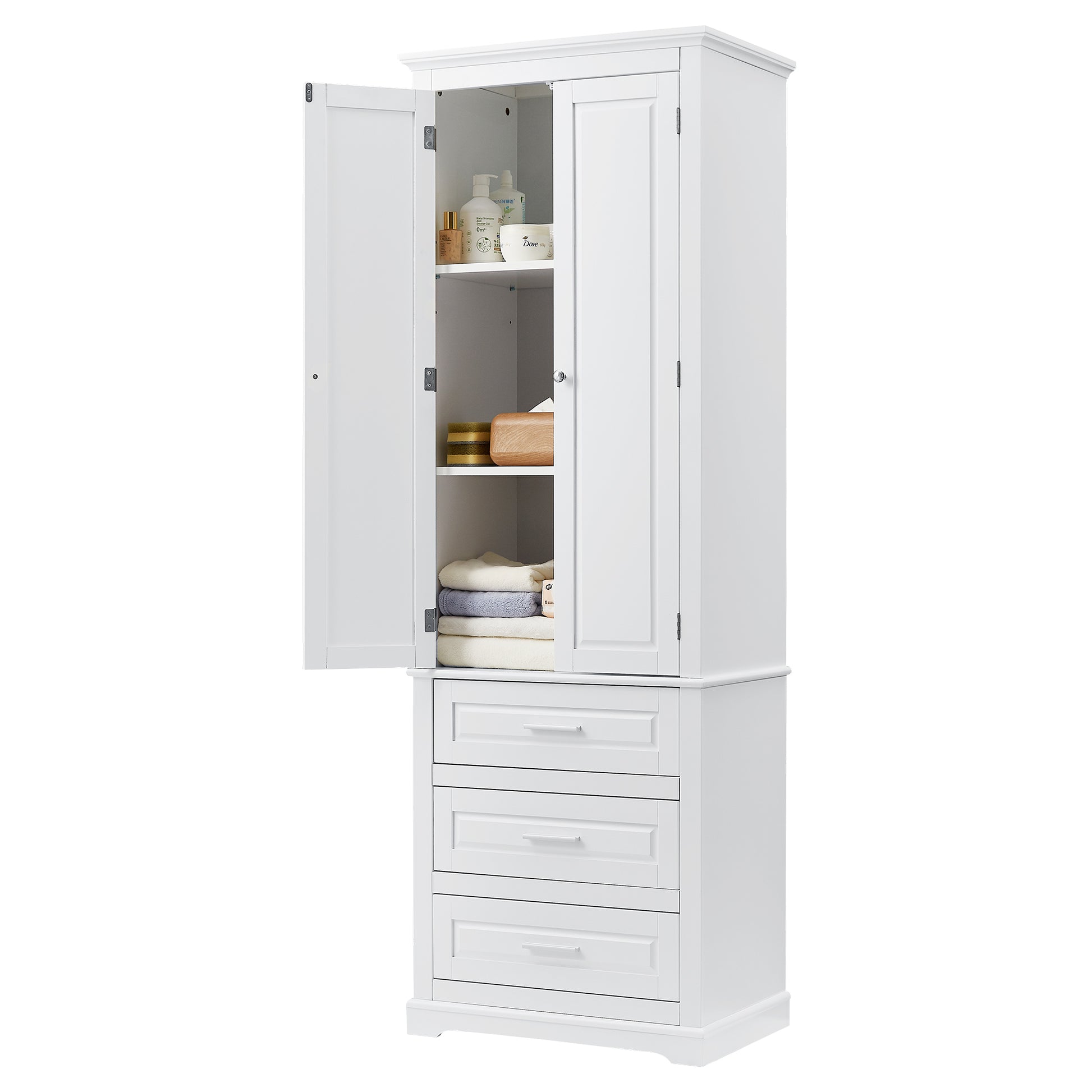 Tall Storage Cabinet With Three Drawers For Bathroom Office, White White Mdf