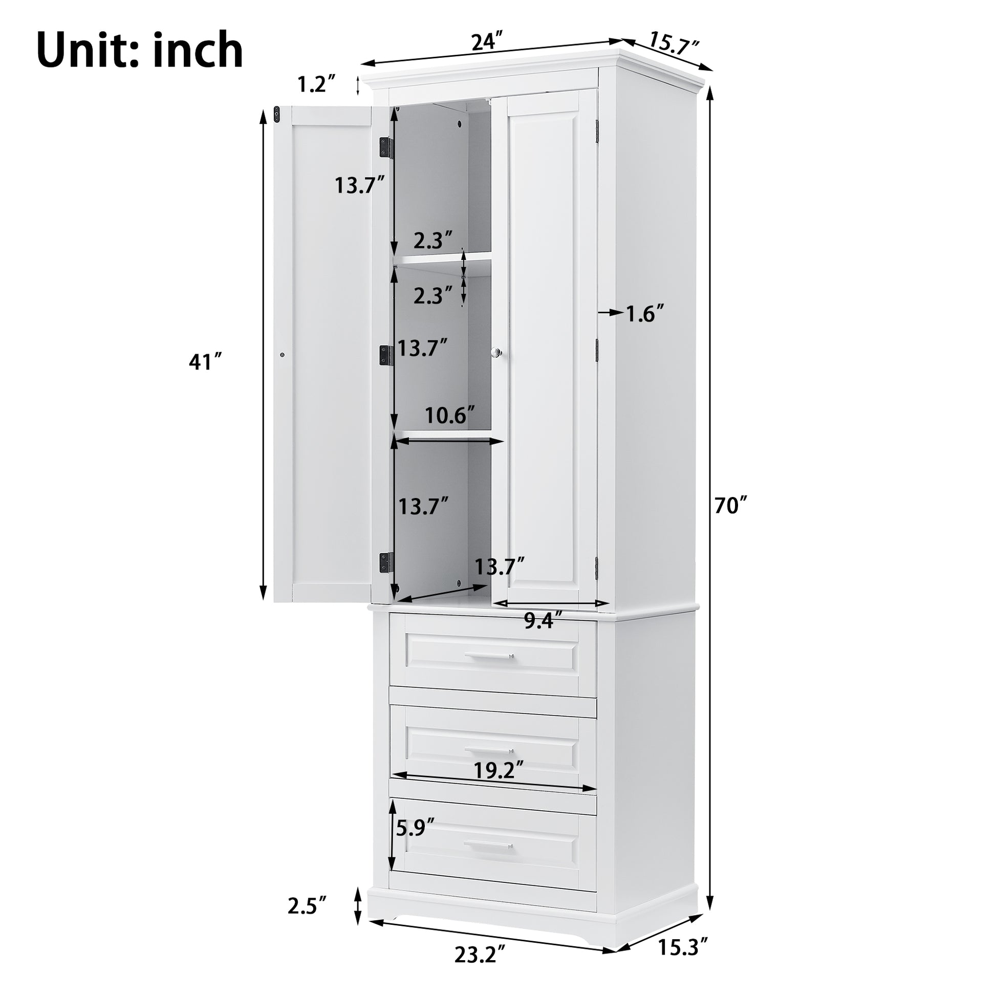 Tall Storage Cabinet With Three Drawers For Bathroom Office, White White Mdf