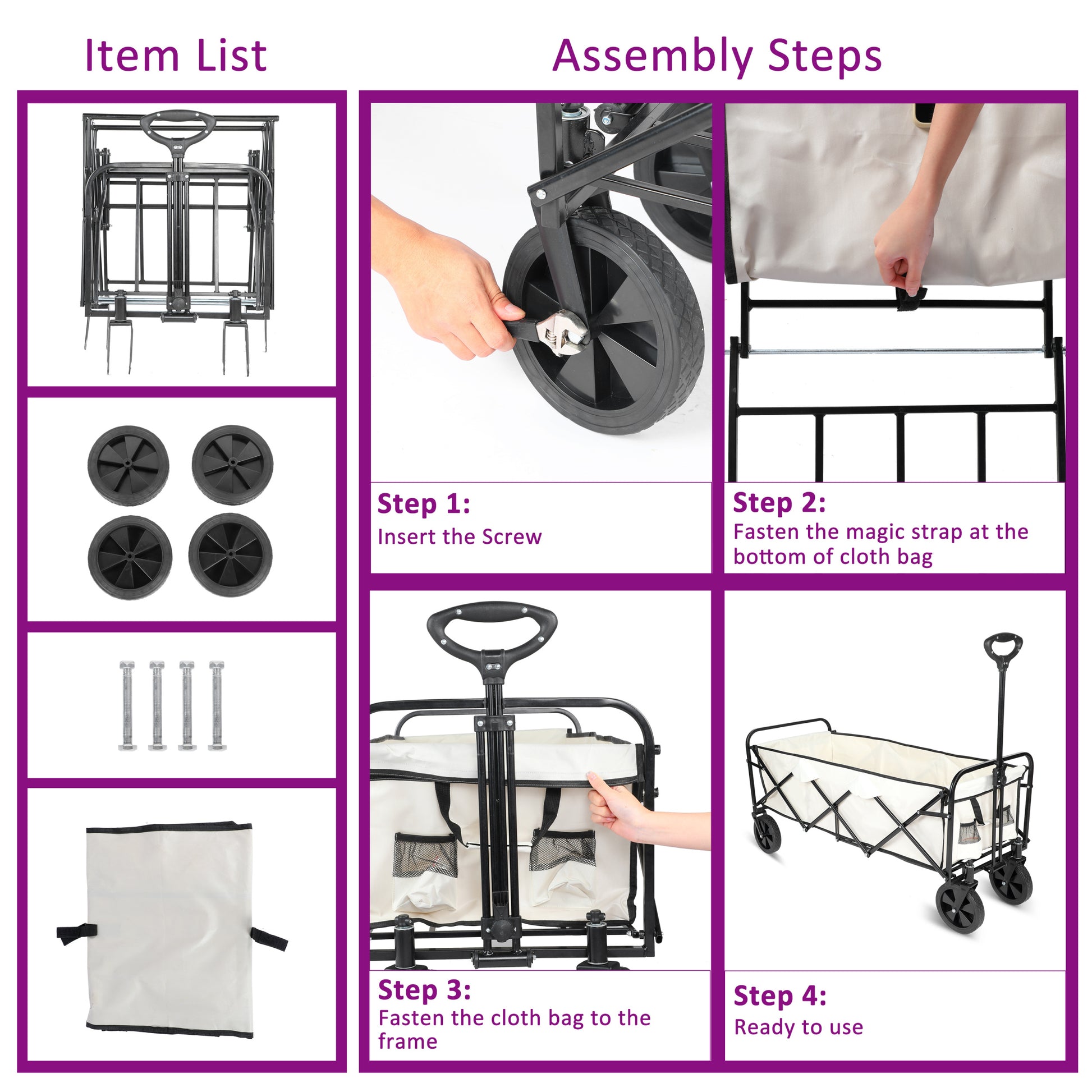 Yssoa Extended Folding Utility Wagon, 330Lbs Heavy Loaded Collapsible Garden Cart With Anti Slip Wheels, Adjustable Handle And Side Pockets, Large, White, X Large White Aluminium Alloy