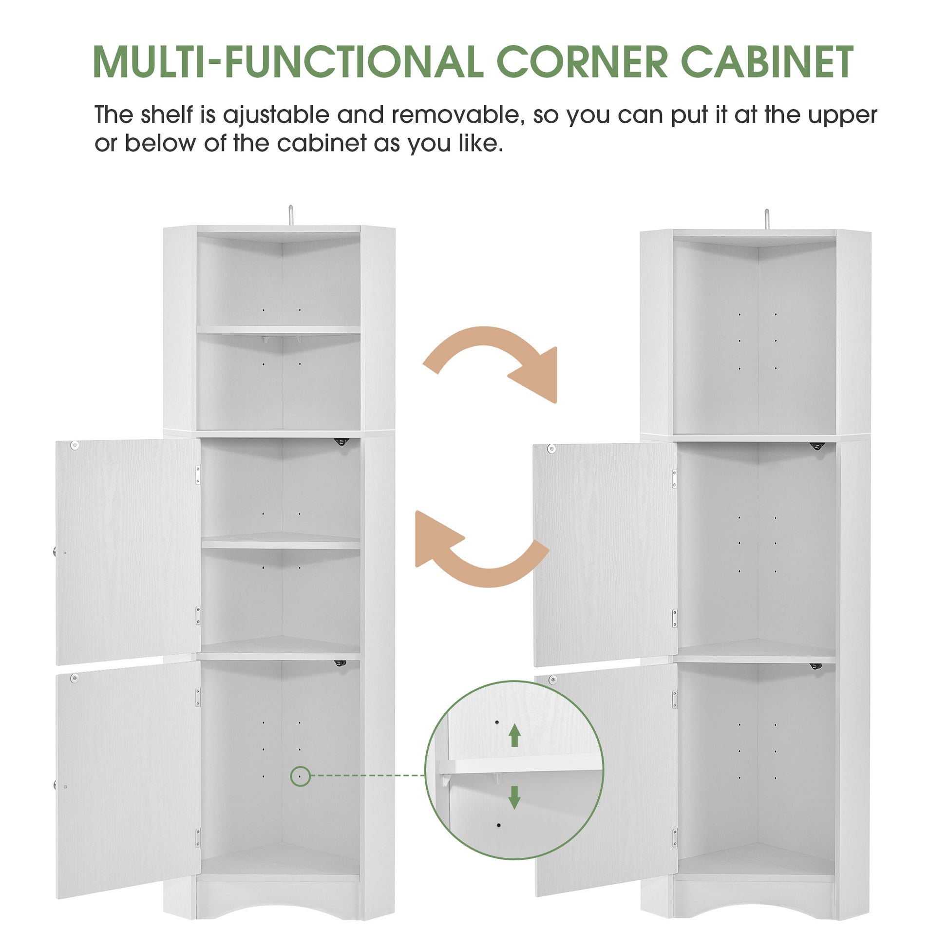 Tall Bathroom Corner Cabinet, Freestanding Storage Cabinet With Doors And Adjustable Shelves, Mdf Board, White White Mdf