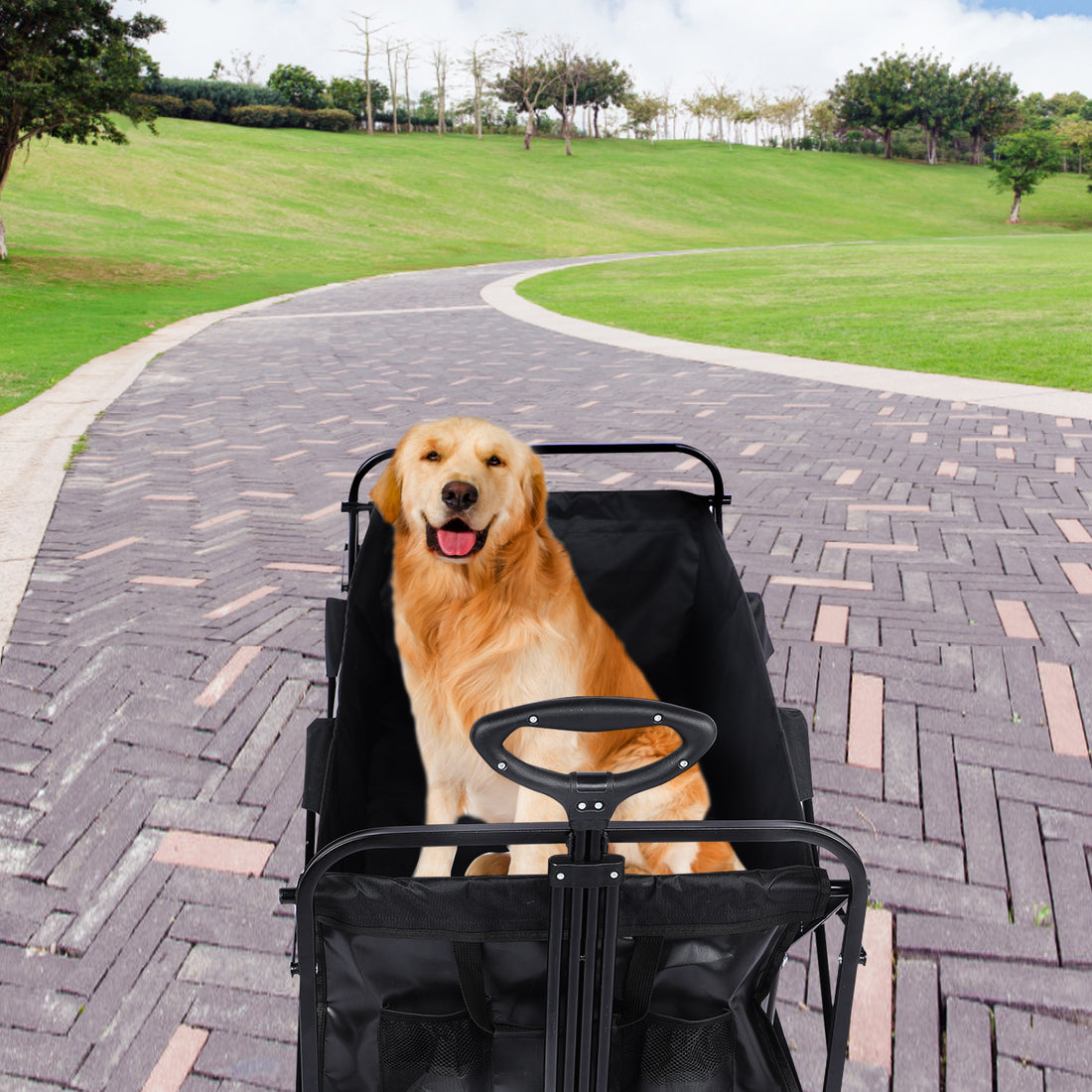 Yssoa Heavy Duty Folding Portable Hand Cart With Removable Canopy, 8'' Wheels, Adjustable Handles And Double Fabric For Shopping, Picnic, Beach, Camping Black Aluminium Alloy