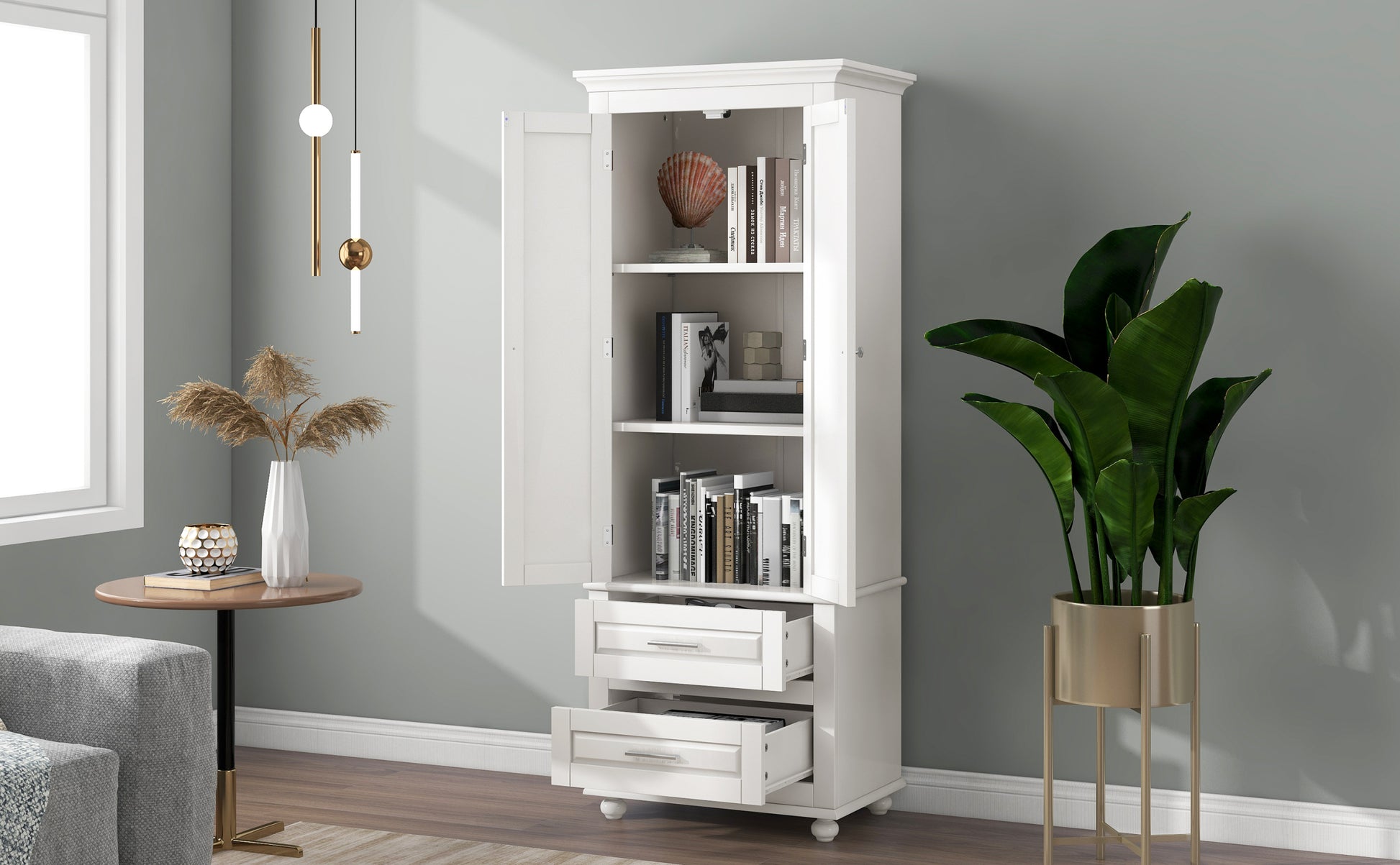 Tall Storage Cabinet With Two Drawers For Bathroom Office, White White Mdf