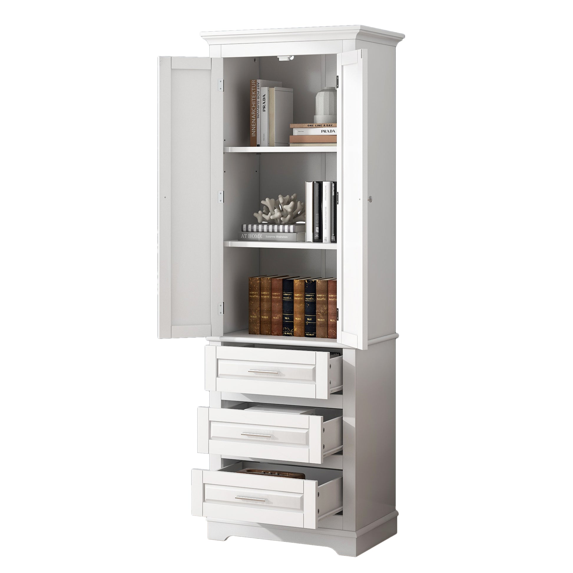 Tall Storage Cabinet With Three Drawers For Bathroom Office, White White Mdf