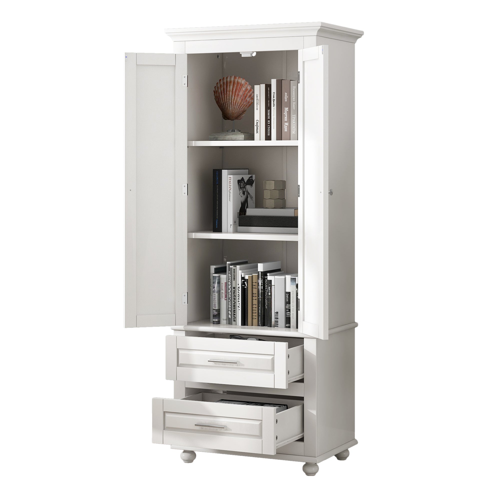 Tall Storage Cabinet With Two Drawers For Bathroom Office, White White Mdf