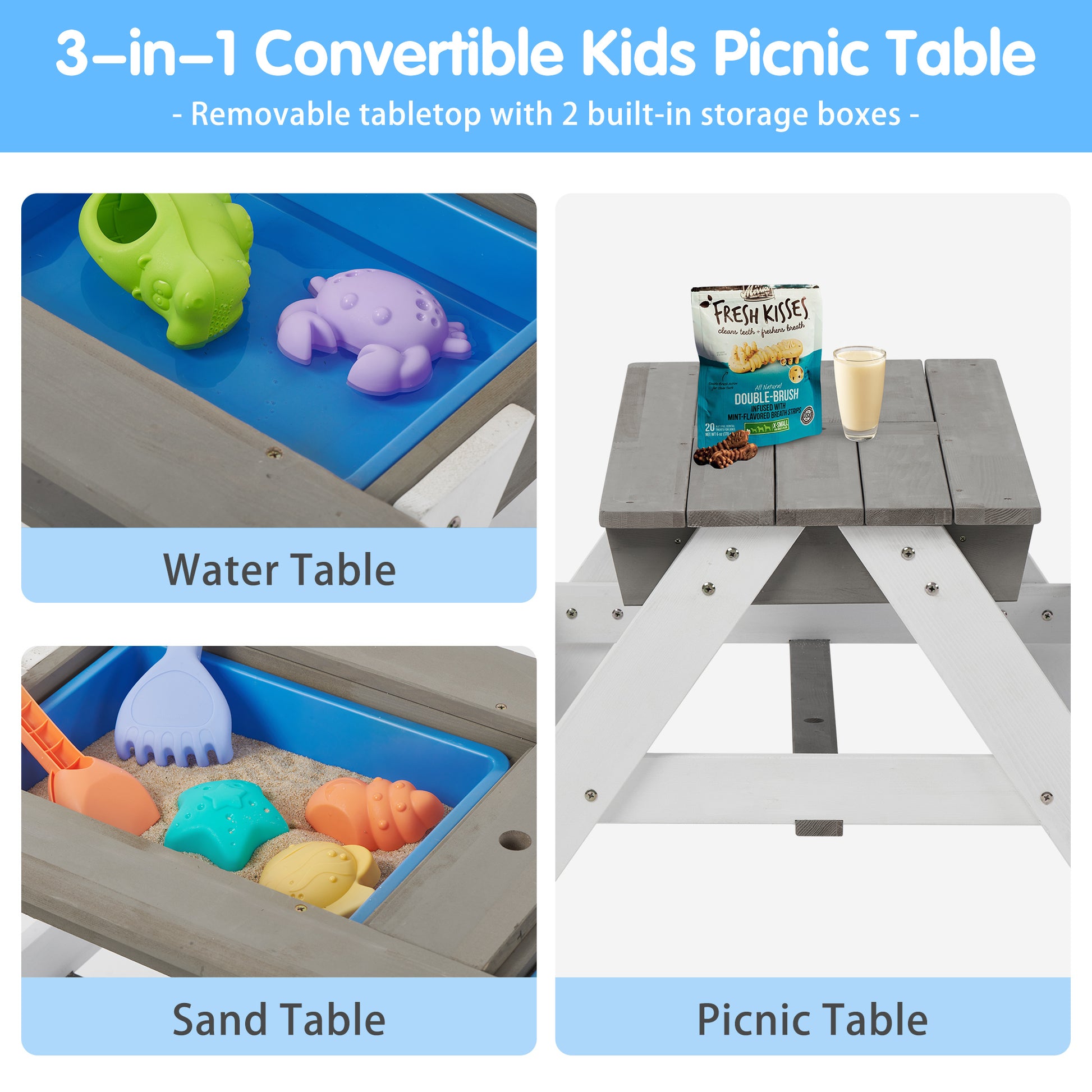 3 In 1 Kids Outdoor Wooden Picnic Table With Umbrella, Convertible Sand & Wate, Gray Astm & Cpsia Certification Gray Solid Wood