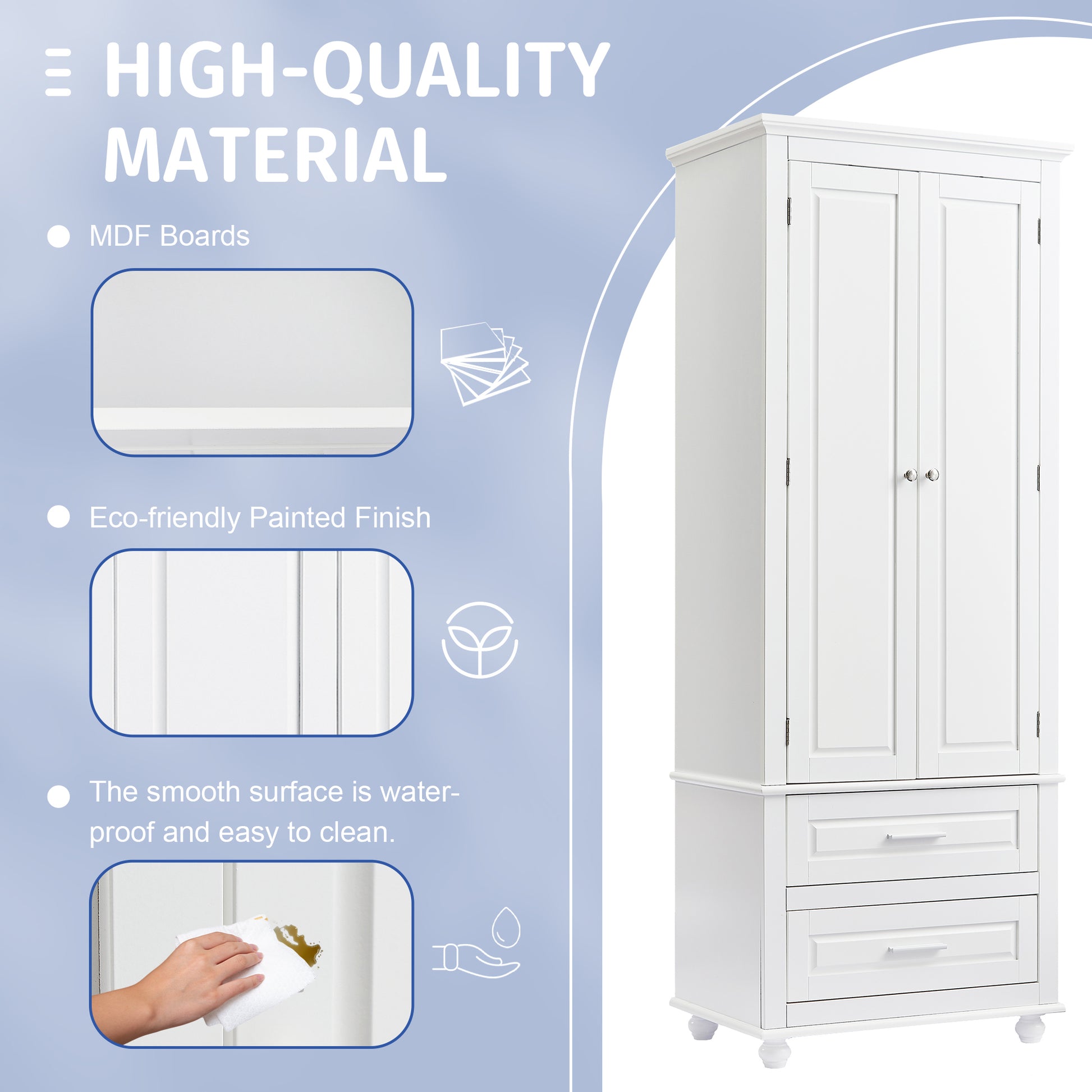 Tall Storage Cabinet With Two Drawers For Bathroom Office, White White Mdf