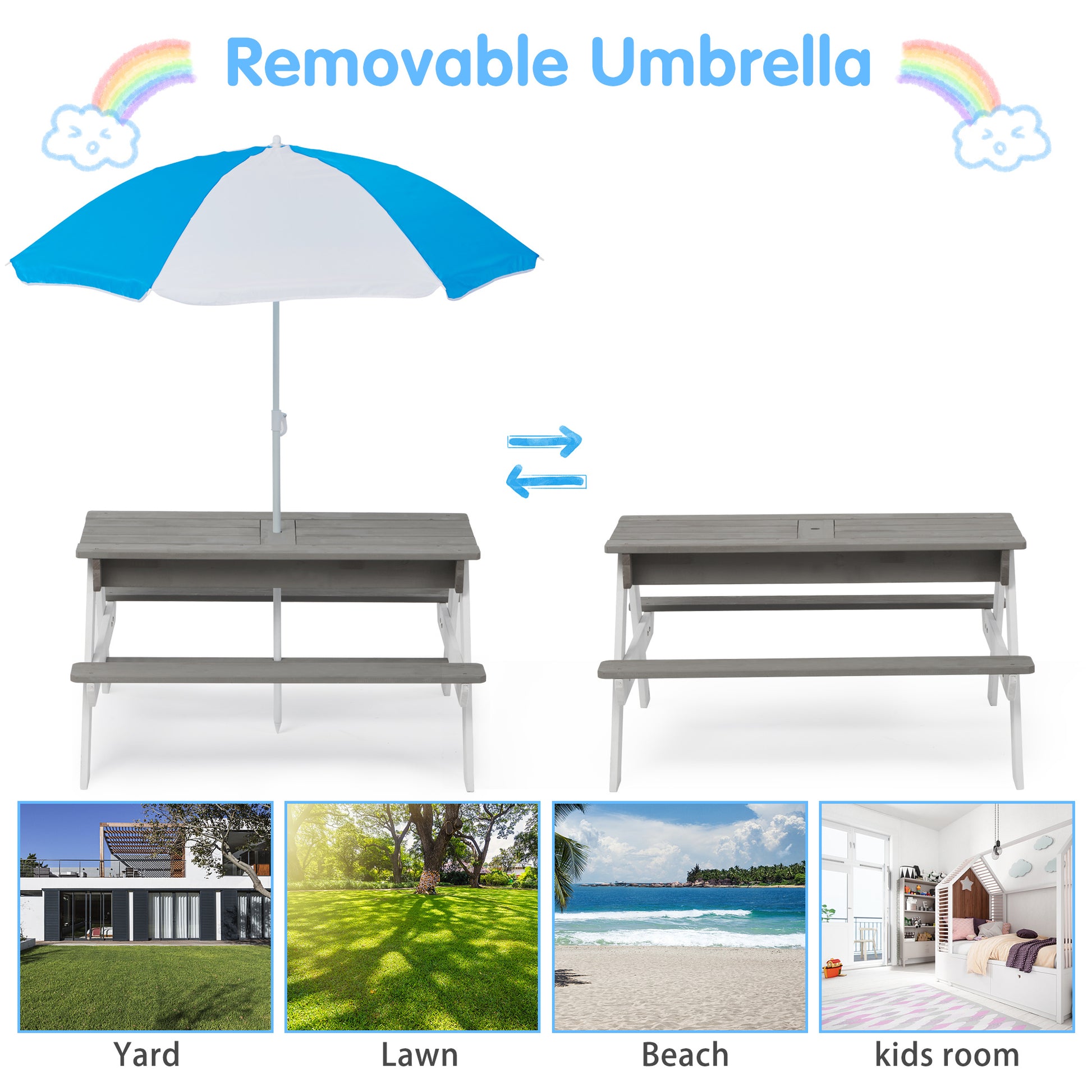 3 In 1 Kids Outdoor Wooden Picnic Table With Umbrella, Convertible Sand & Wate, Gray Astm & Cpsia Certification Gray Solid Wood