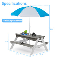 3 In 1 Kids Outdoor Wooden Picnic Table With Umbrella, Convertible Sand & Wate, Gray Astm & Cpsia Certification Gray Solid Wood