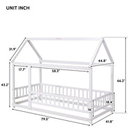 Twin Size Floor Wooden Bed With House Roof Frame, Fence Guardrails,White Old Sku:W50471472 Twin White Pine