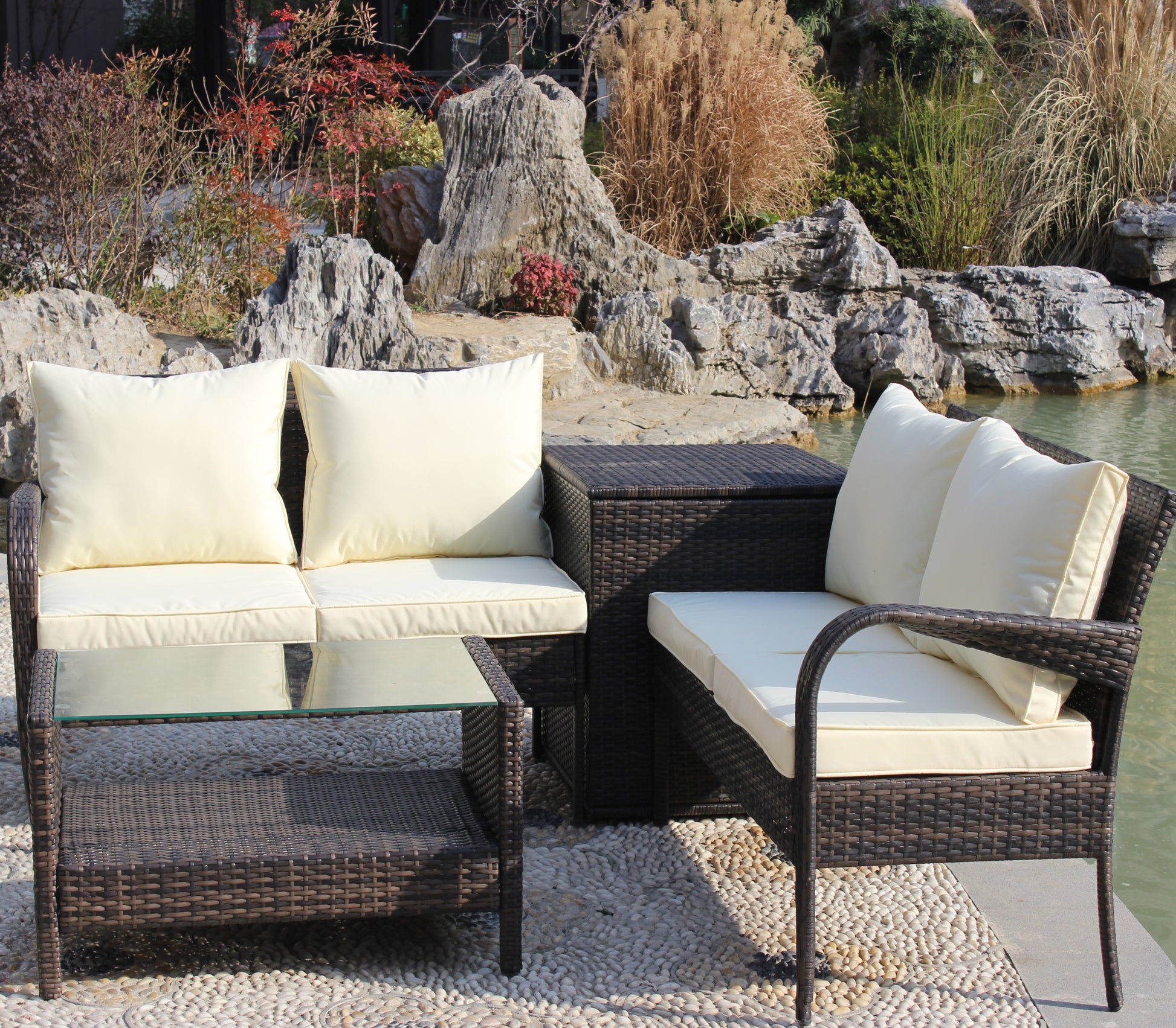 4 Piece Patio Sectional Wicker Rattan Outdoor Furniture Sofa Set With Storage Box Brown Brown Iron