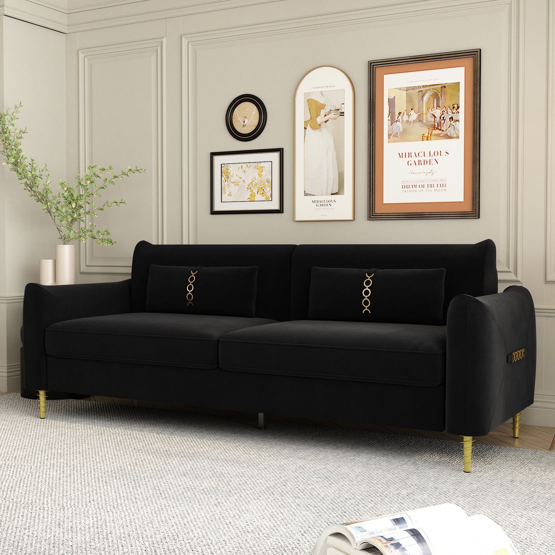 Fx P19 Bk Sofa 85.83Inch Velvet Sofa Couch Luxury Modern Upholstered Sofa With 2 Pillows Black Color Black Velvet 2 Seat