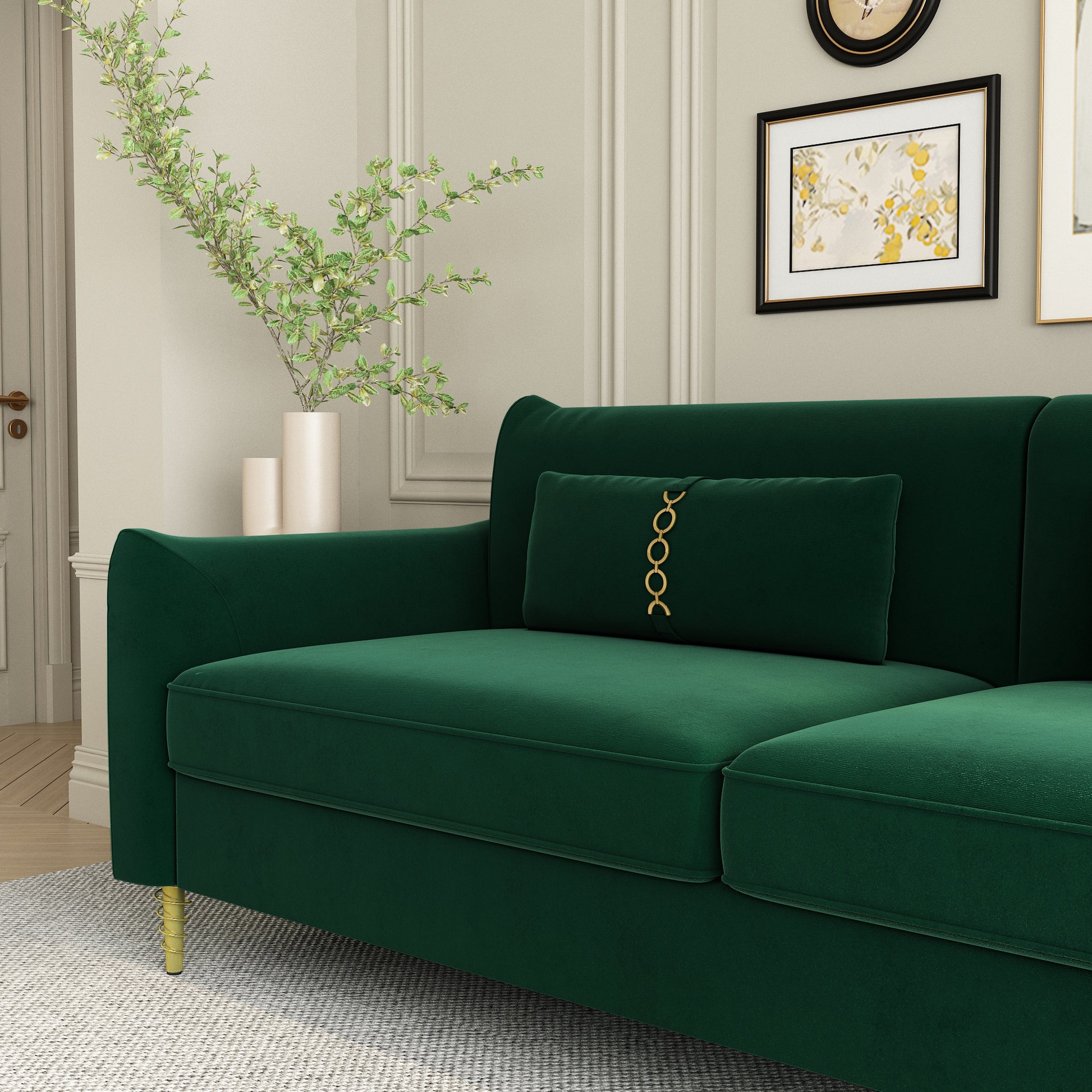 Fx P19 Rg Sofa 85.8Inch Velvet Sofa Couch Luxury Modern Upholstered Sofa With 2 Pillows For Livingroom Retro Green Velvet 2 Seat