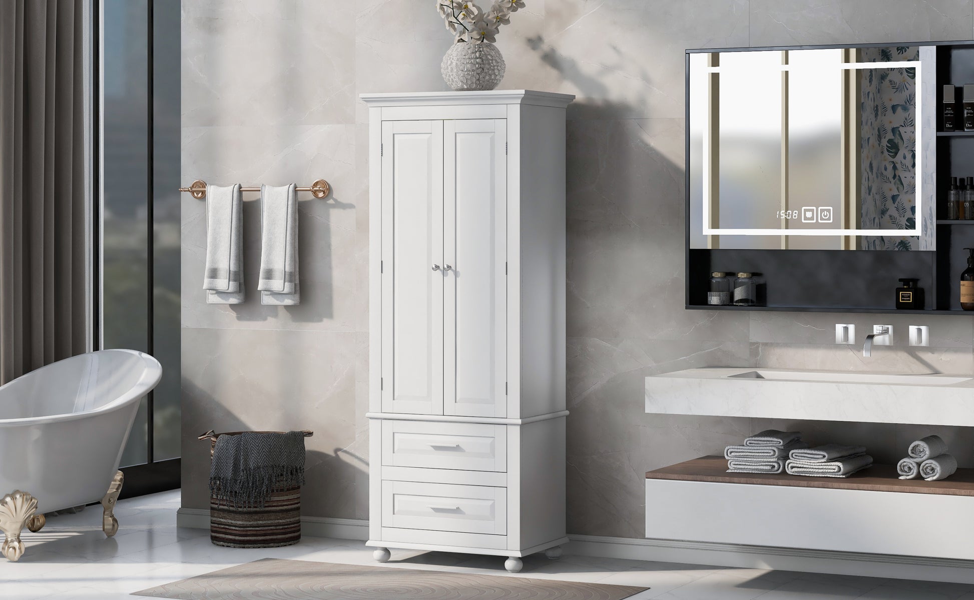 Tall Storage Cabinet With Two Drawers For Bathroom Office, White White Mdf