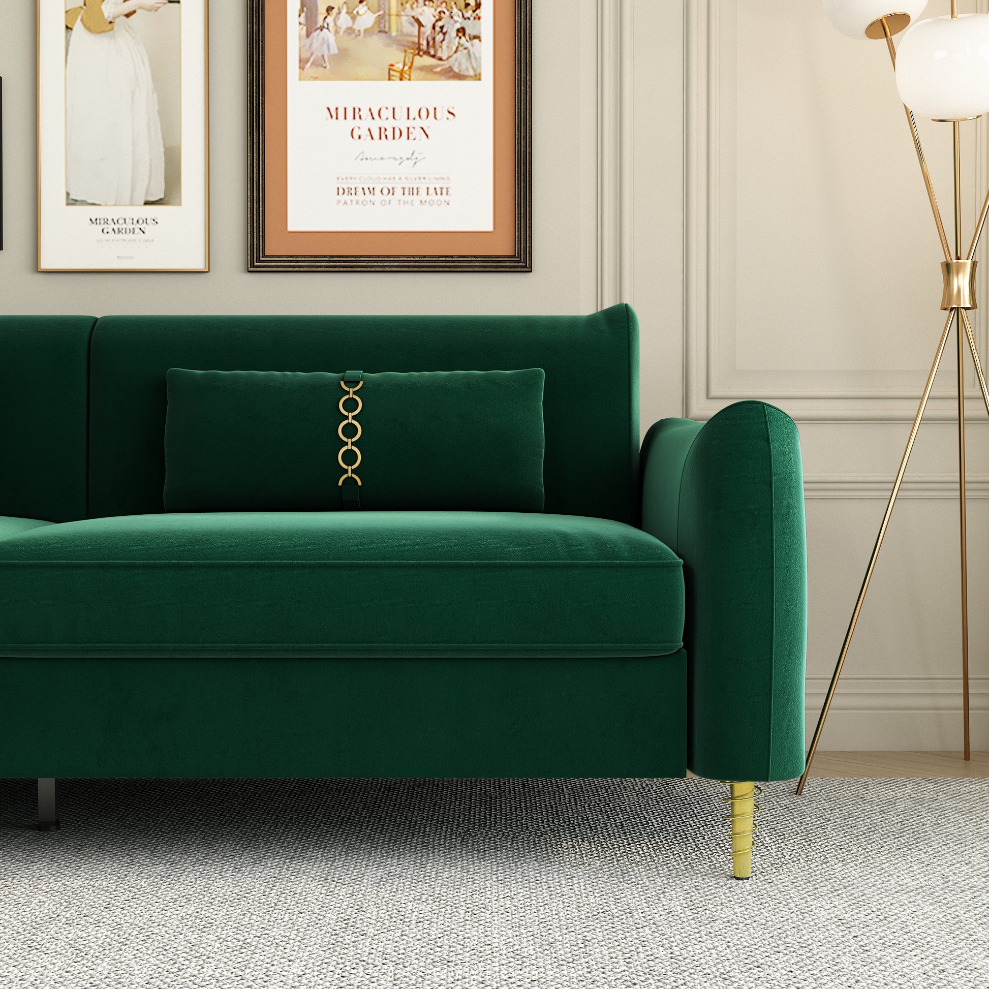 Fx P19 Rg Sofa 85.8Inch Velvet Sofa Couch Luxury Modern Upholstered Sofa With 2 Pillows For Livingroom Retro Green Velvet 2 Seat