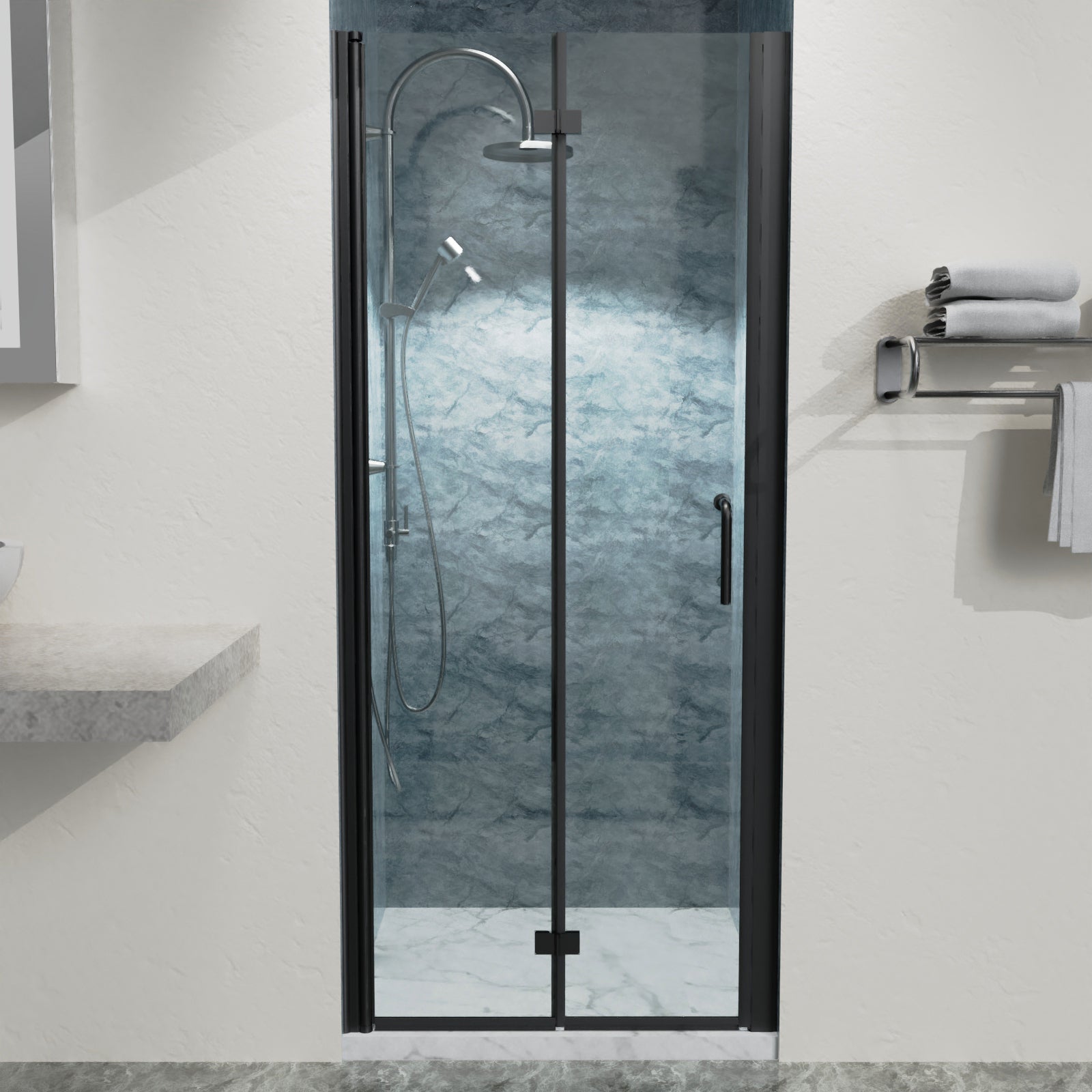 32 To 33 3 8 In. W X 72 In. H Bi Fold Semi Frameless Shower Doors In Matte Black With Clear Glass Matte Black Aluminium