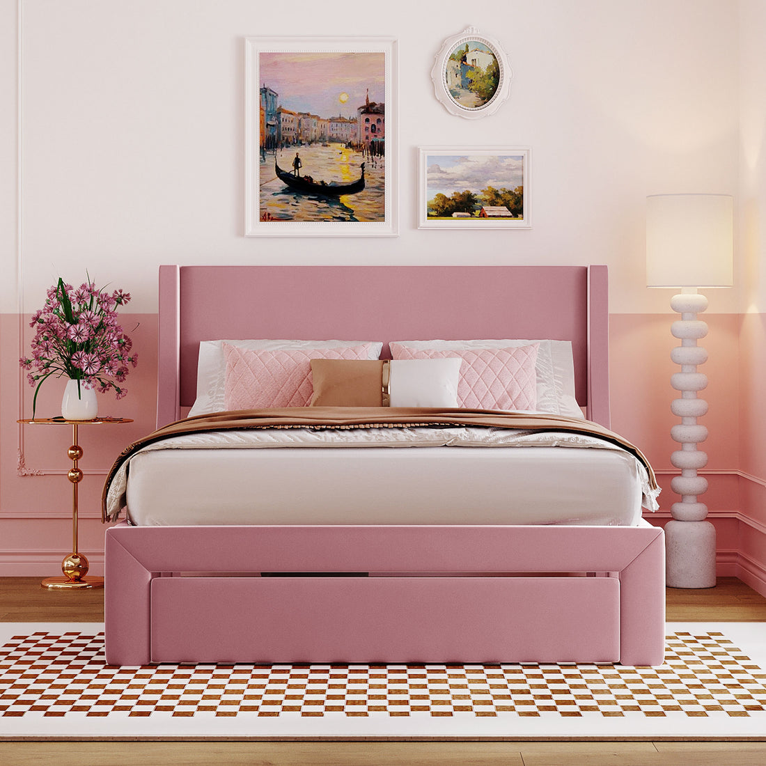 Full Size Storage Bed Velvet Upholstered Platform Bed With A Big Drawer Pink Pink Velvet