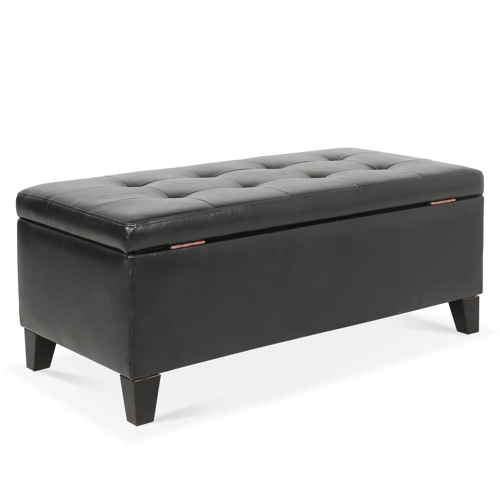 Storage Ottoman With Wooden Legs, Faux Leather Ottoman With Storage For Living Room, Bedroom & Hallway, Ottoman Foot Rest, 38.4" Black Ottoman Black Pu Foam Pu